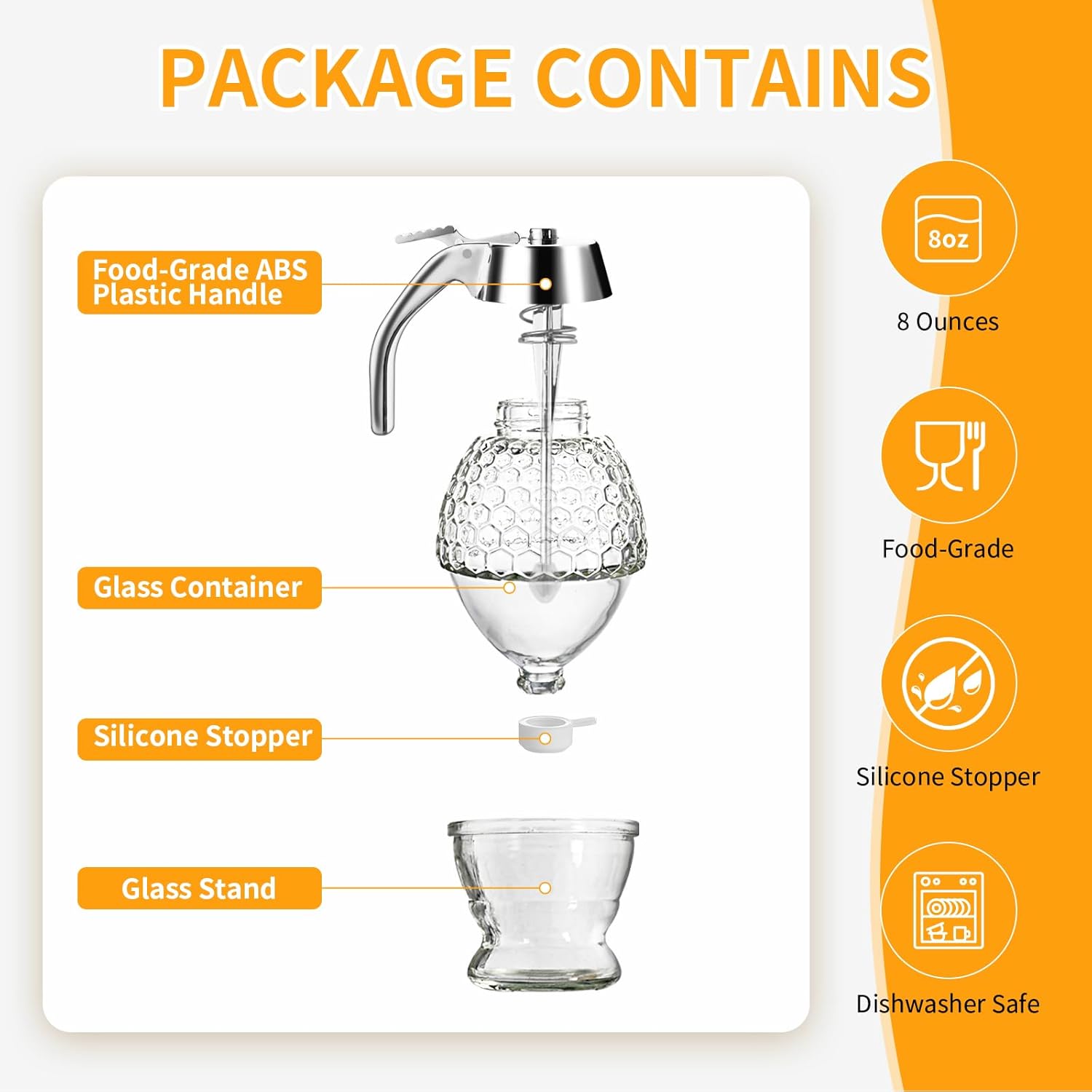 Honey Dispenser, Glass Honey Dispenser No Drip, Honey Pot with Stand, 8 oz Honey Jar, Maple Syrup Honey Container, Elegant Honeycomb Design for Home Decor for Any Occasion - Image 3