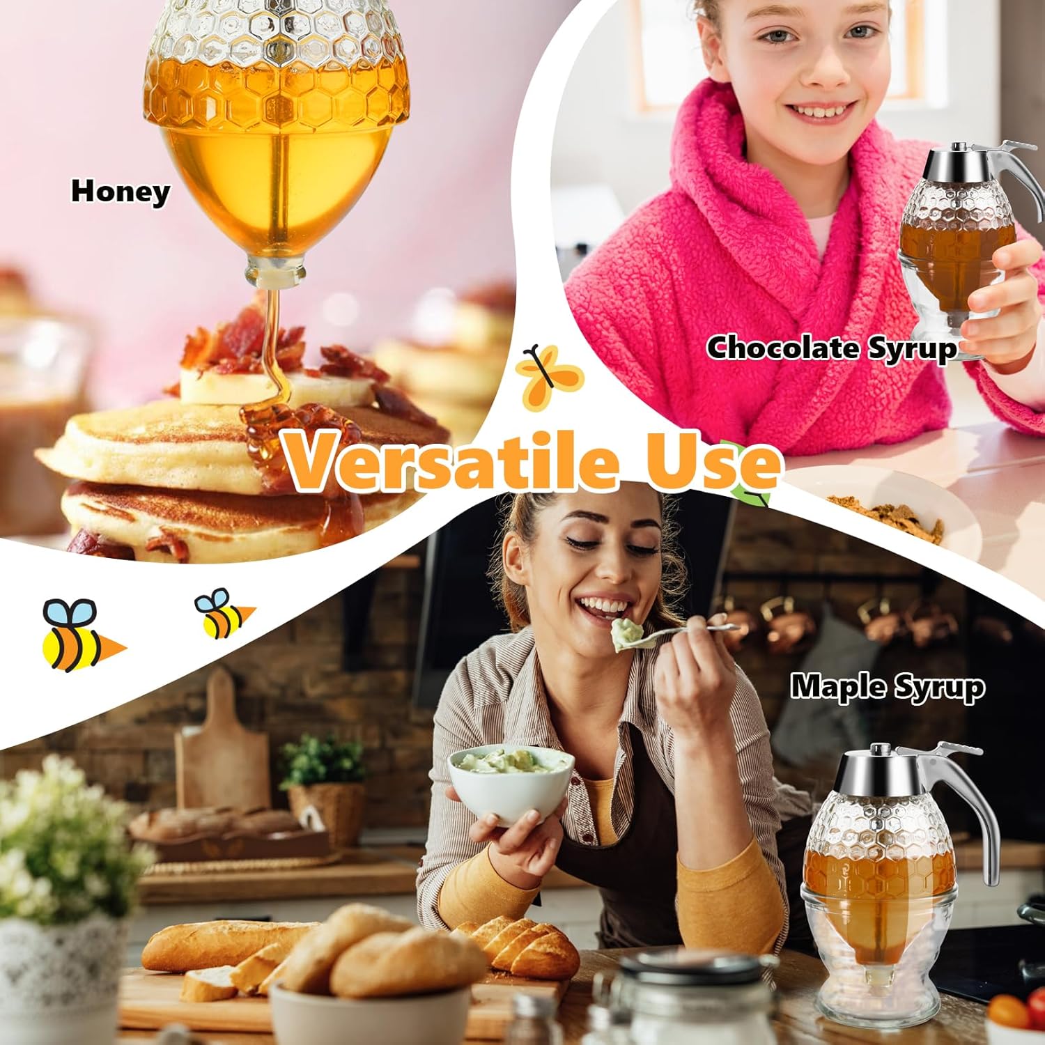 Honey Dispenser, Glass Honey Dispenser No Drip, Honey Pot with Stand, 8 oz Honey Jar, Maple Syrup Honey Container, Elegant Honeycomb Design for Home Decor for Any Occasion - Image 4