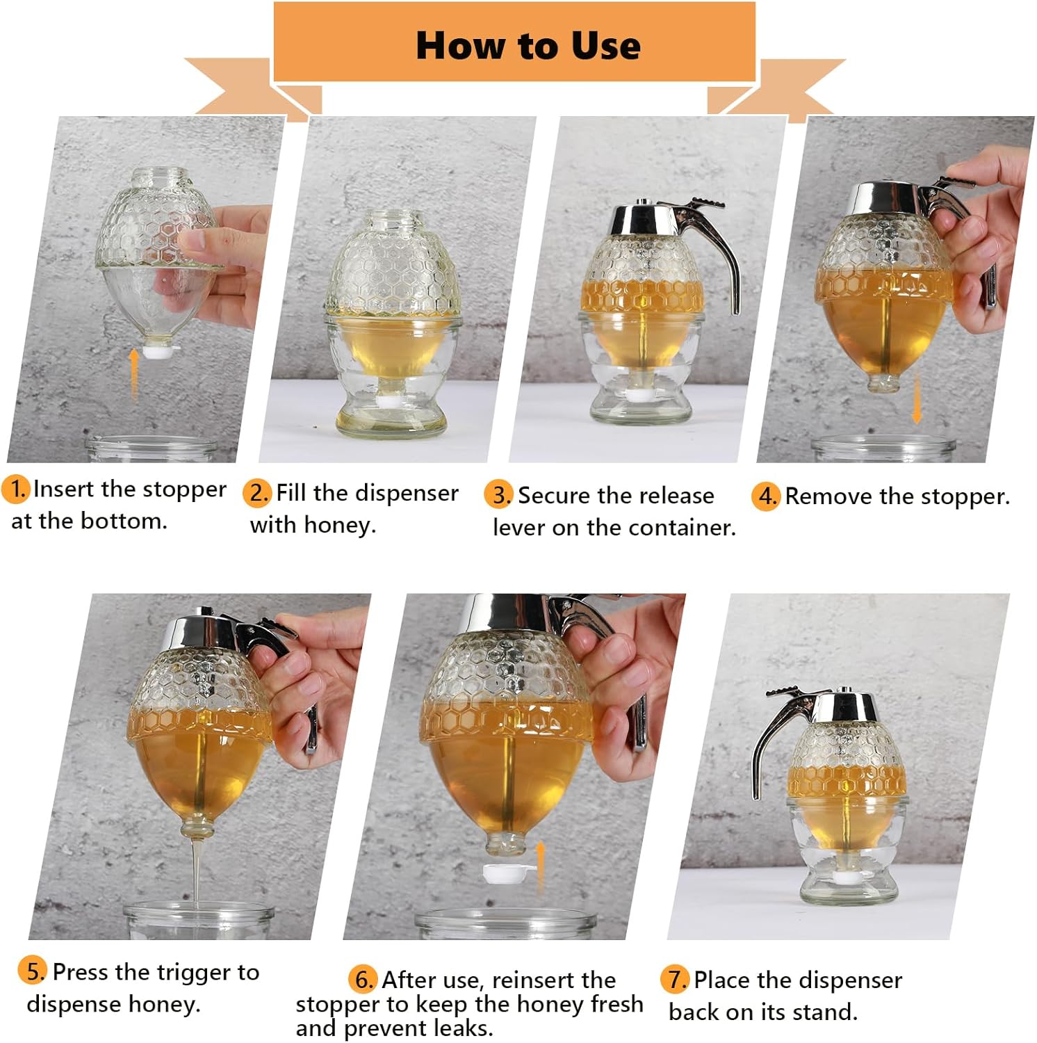 Honey Dispenser, Glass Honey Dispenser No Drip, Honey Pot with Stand, 8 oz Honey Jar, Maple Syrup Honey Container, Elegant Honeycomb Design for Home Decor for Any Occasion - Image 6