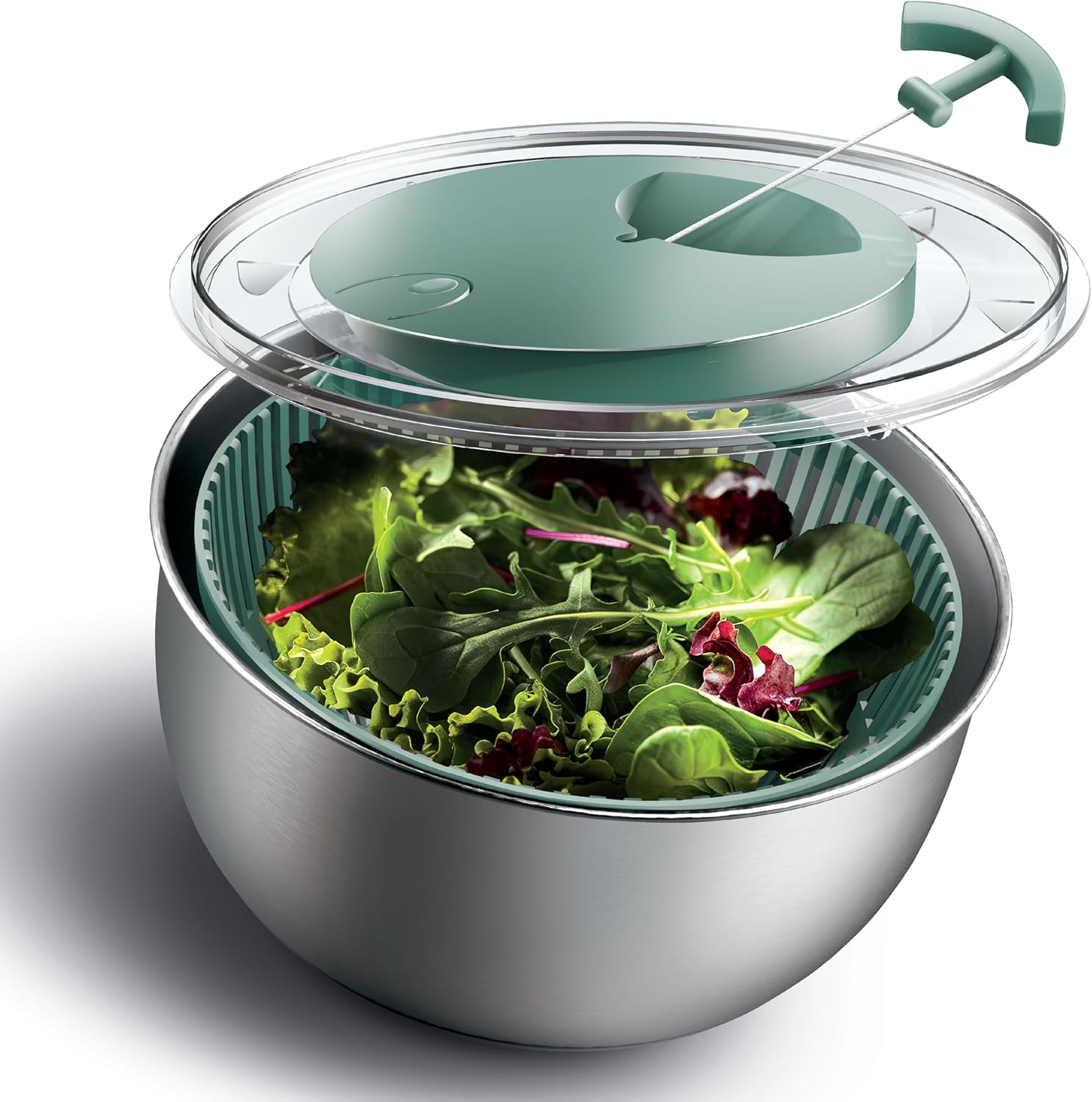 Stainless Steel Salad Spinner - 5 Qt. Lettuce Washer And Vegetable Spinner Dryer for Easy Salad Prep - Non Slip Base with Pull Handle - Auto Stop Brake System, Stain and Odor Resistant - Image 1