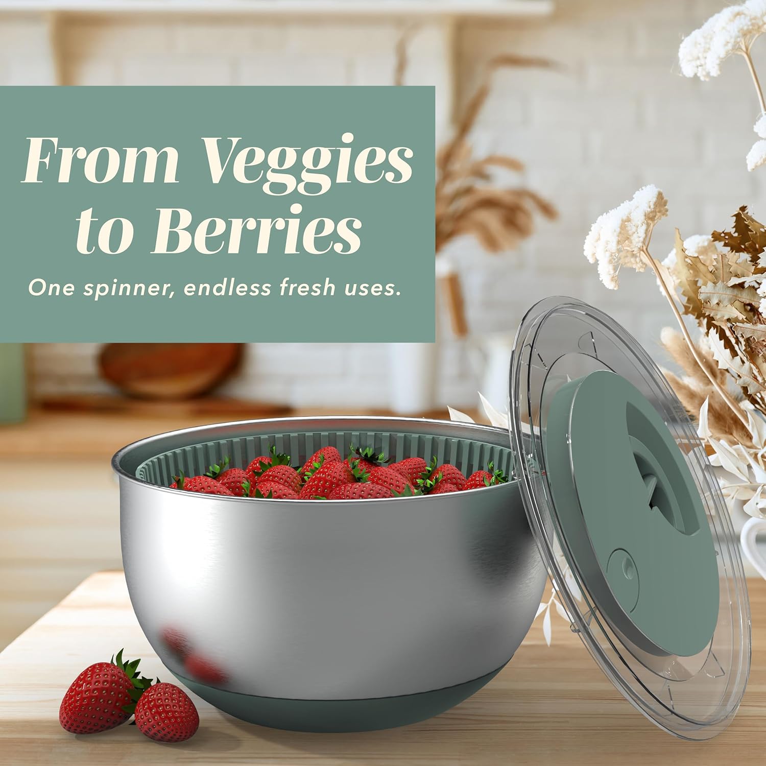 Stainless Steel Salad Spinner - 5 Qt. Lettuce Washer And Vegetable Spinner Dryer for Easy Salad Prep - Non Slip Base with Pull Handle - Auto Stop Brake System, Stain and Odor Resistant - Image 2