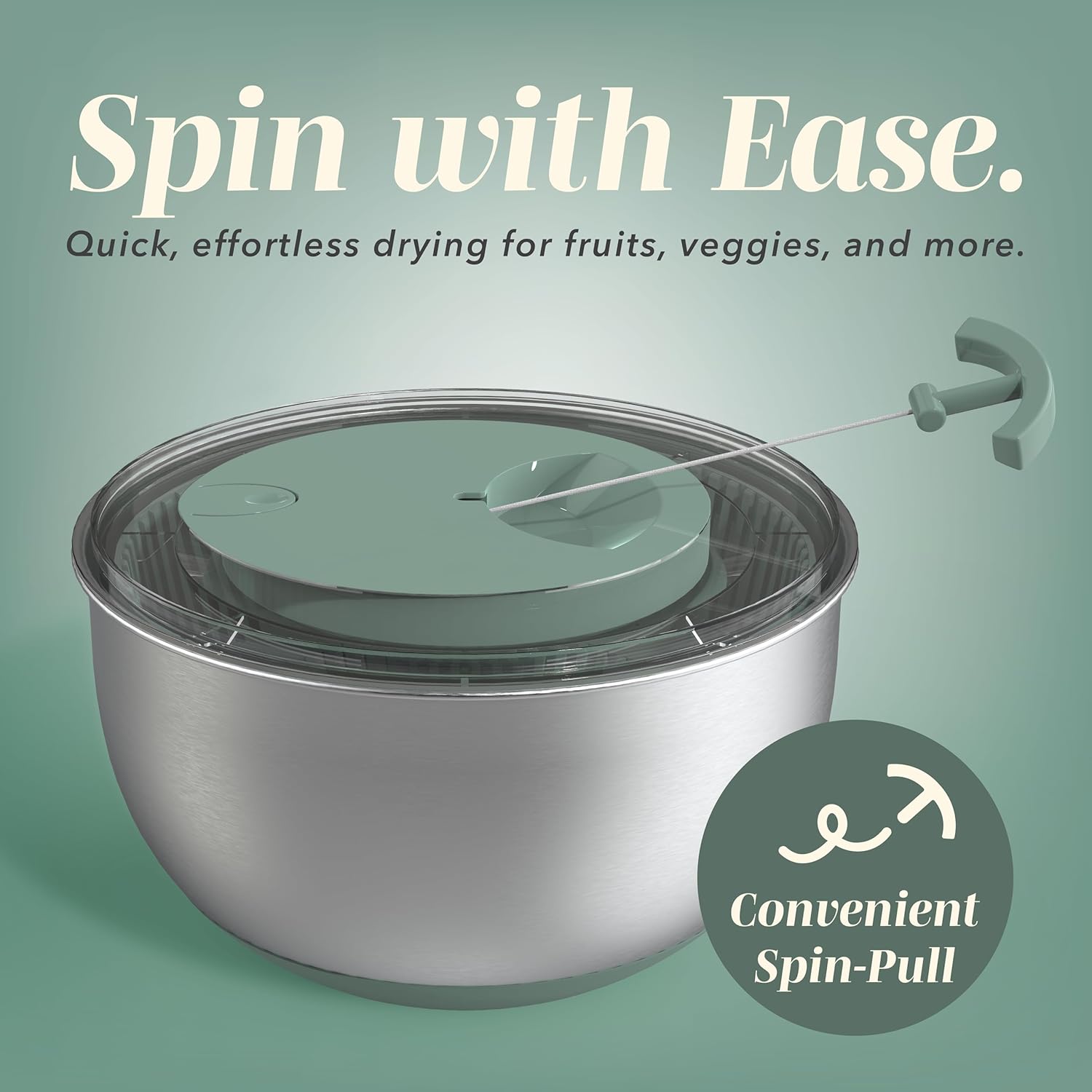 Stainless Steel Salad Spinner - 5 Qt. Lettuce Washer And Vegetable Spinner Dryer for Easy Salad Prep - Non Slip Base with Pull Handle - Auto Stop Brake System, Stain and Odor Resistant - Image 5