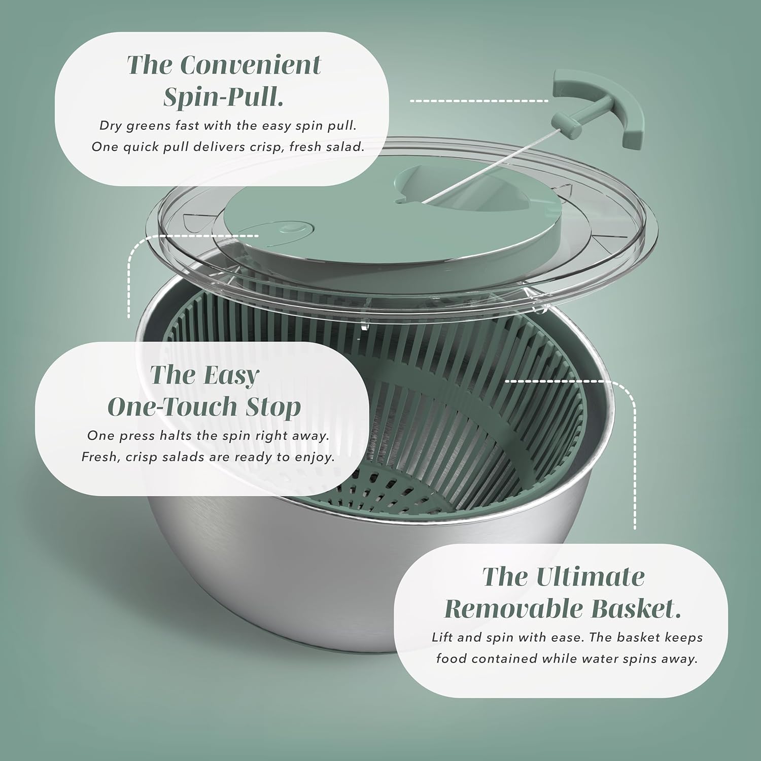 Stainless Steel Salad Spinner - 5 Qt. Lettuce Washer And Vegetable Spinner Dryer for Easy Salad Prep - Non Slip Base with Pull Handle - Auto Stop Brake System, Stain and Odor Resistant - Image 6