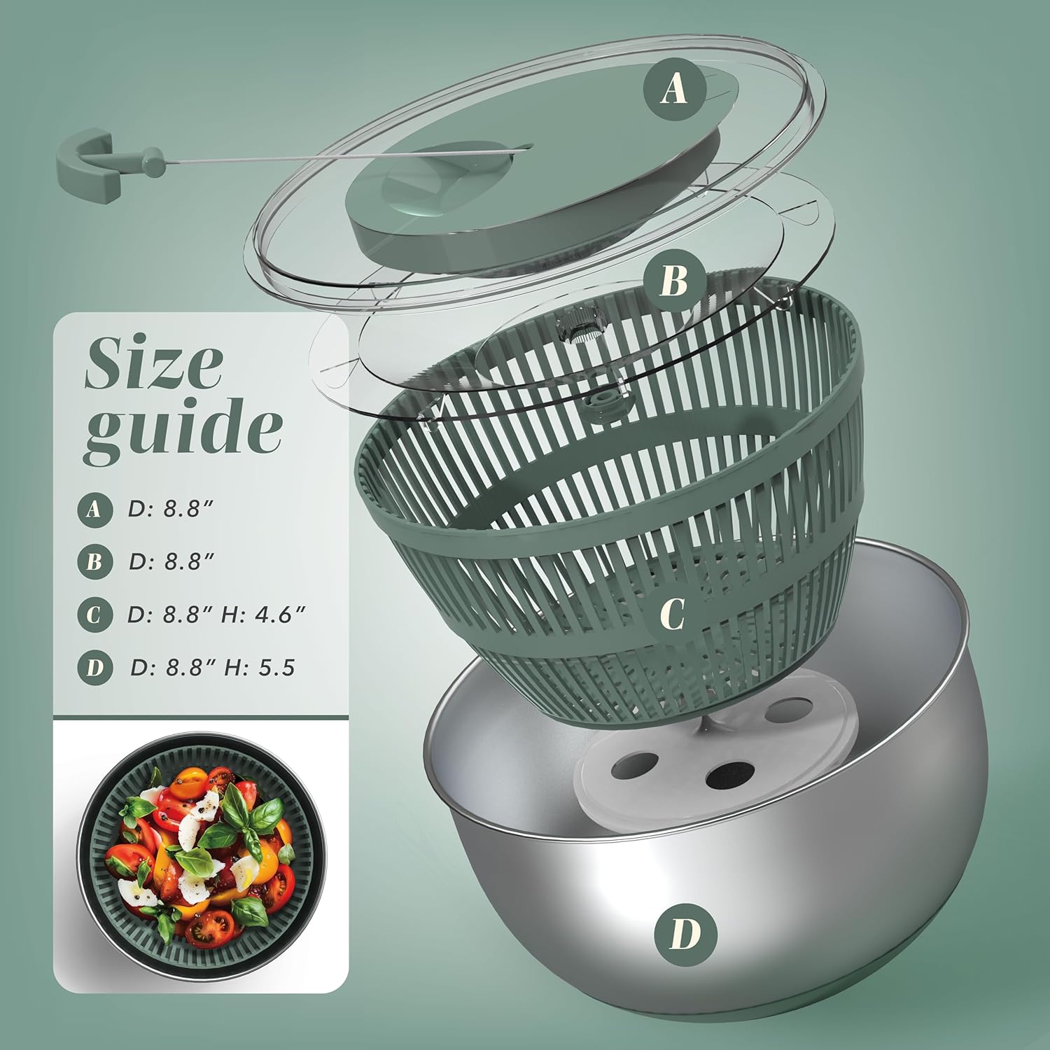 Stainless Steel Salad Spinner - 5 Qt. Lettuce Washer And Vegetable Spinner Dryer for Easy Salad Prep - Non Slip Base with Pull Handle - Auto Stop Brake System, Stain and Odor Resistant - Image 7