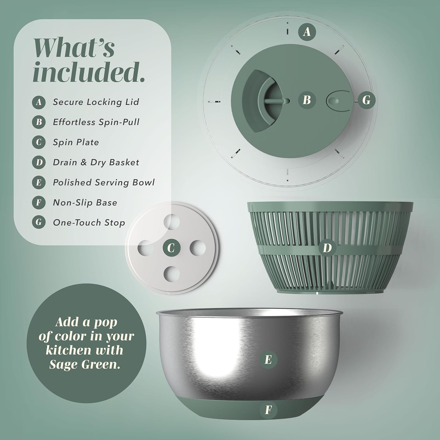 Stainless Steel Salad Spinner - 5 Qt. Lettuce Washer And Vegetable Spinner Dryer for Easy Salad Prep - Non Slip Base with Pull Handle - Auto Stop Brake System, Stain and Odor Resistant - Image 8