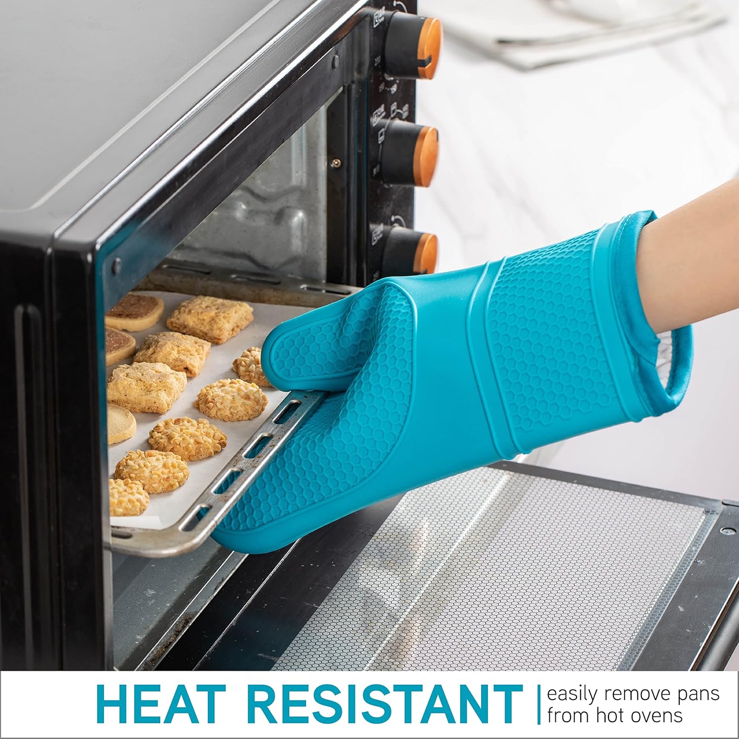 Silicone Oven Mitts- Heat Resistant Gloves with Soft Quilted Lining Oven Mitt Pot Holders for Cooking and BBQ, Teal, Mitt Set - Image 2