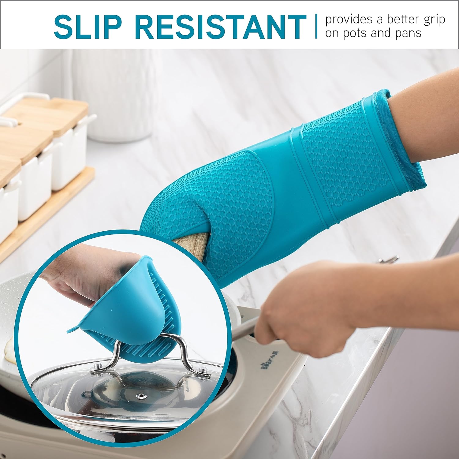 Silicone Oven Mitts- Heat Resistant Gloves with Soft Quilted Lining Oven Mitt Pot Holders for Cooking and BBQ, Teal, Mitt Set - Image 3