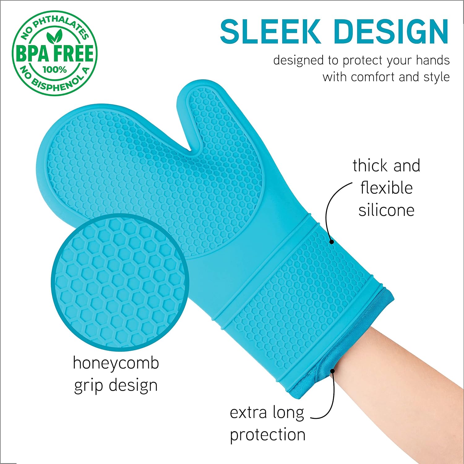Silicone Oven Mitts- Heat Resistant Gloves with Soft Quilted Lining Oven Mitt Pot Holders for Cooking and BBQ, Teal, Mitt Set - Image 6