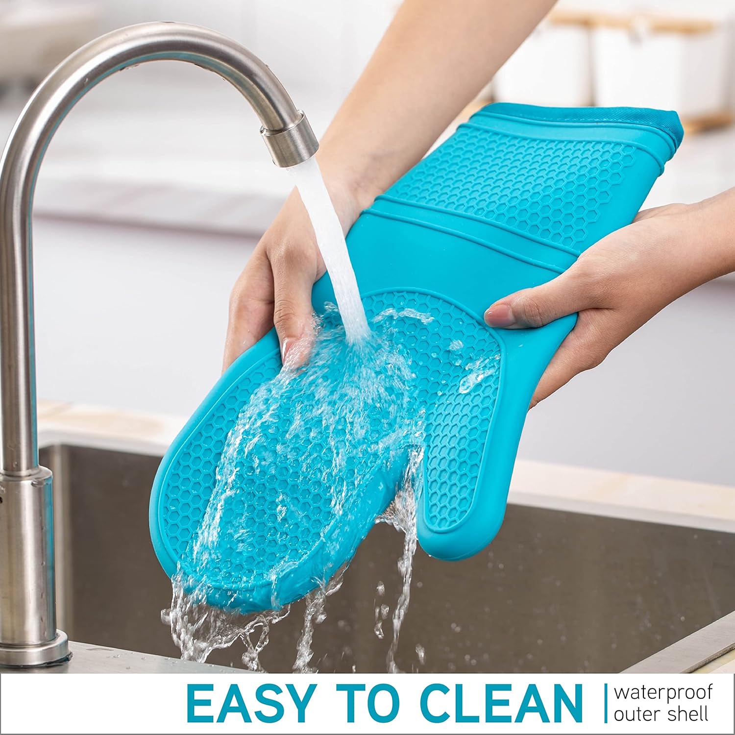 Silicone Oven Mitts- Heat Resistant Gloves with Soft Quilted Lining Oven Mitt Pot Holders for Cooking and BBQ, Teal, Mitt Set - Image 7