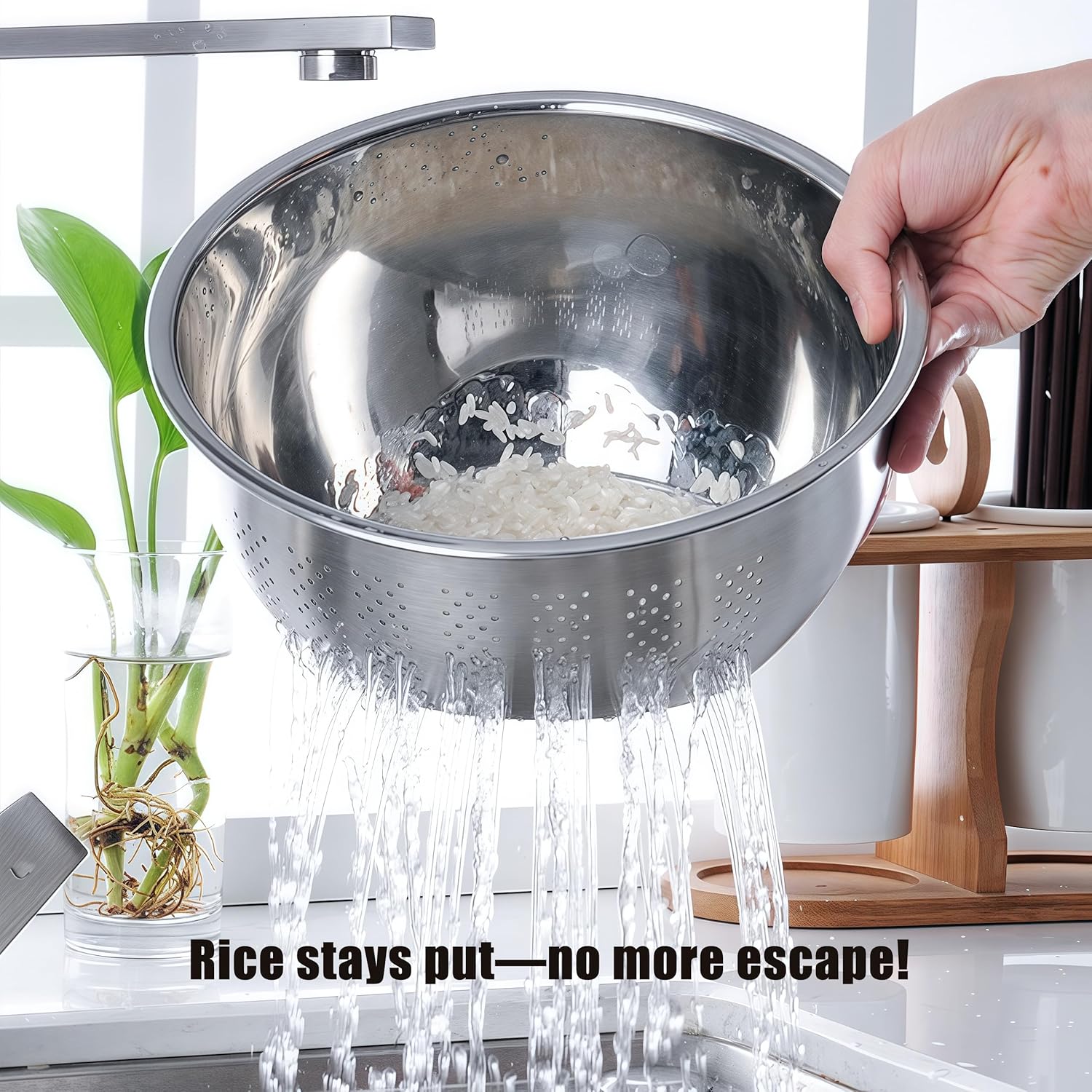 Rice Washer Strainer Bowl, Stainless Steel Quinoa Washing Bowl With Side Drainers Colander for Cleaning Rinsing Fruits, Vegetables, and Beans - Versatile Kitchen Tool - Image 3