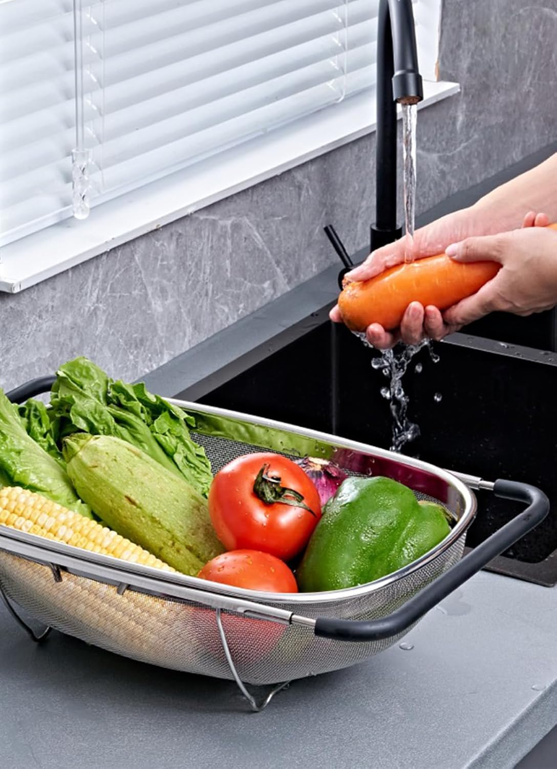 Fine Mesh Colander Over The Sink 6 Quart Stainless Steel Strainer Basket & Expandable Rubber Grip Handles - Strain, Drain, Rinse Fruits, Vegetables - Image 5