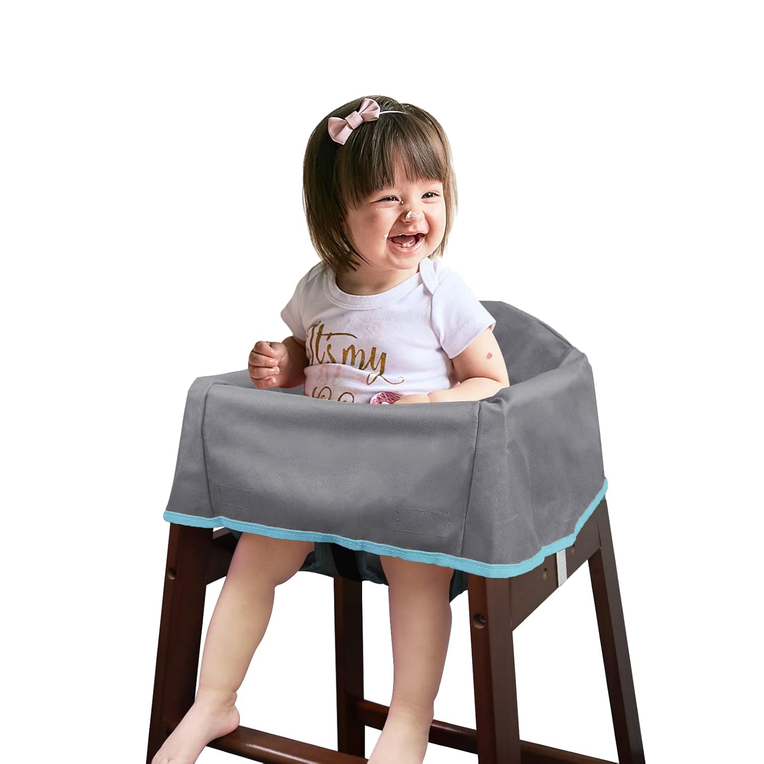 Dual-Belt Baby High Chair Cover, Upgrade Version, for Wooden or Restaurant High Chair, Sturdy and Robust Material, Waterproof Washable Stain and Slip Resistant, Gray - Image 1