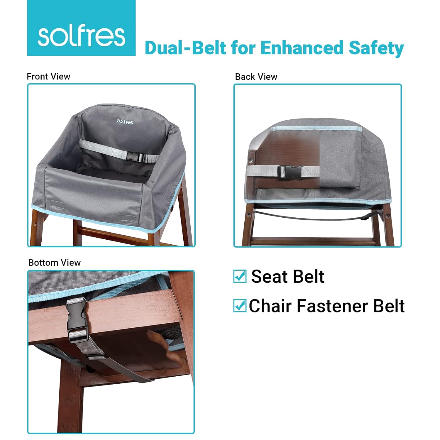 Dual-Belt Baby High Chair Cover, Upgrade Version, for Wooden or Restaurant High Chair, Sturdy and Robust Material, Waterproof Washable Stain and Slip Resistant, Gray - Image 2