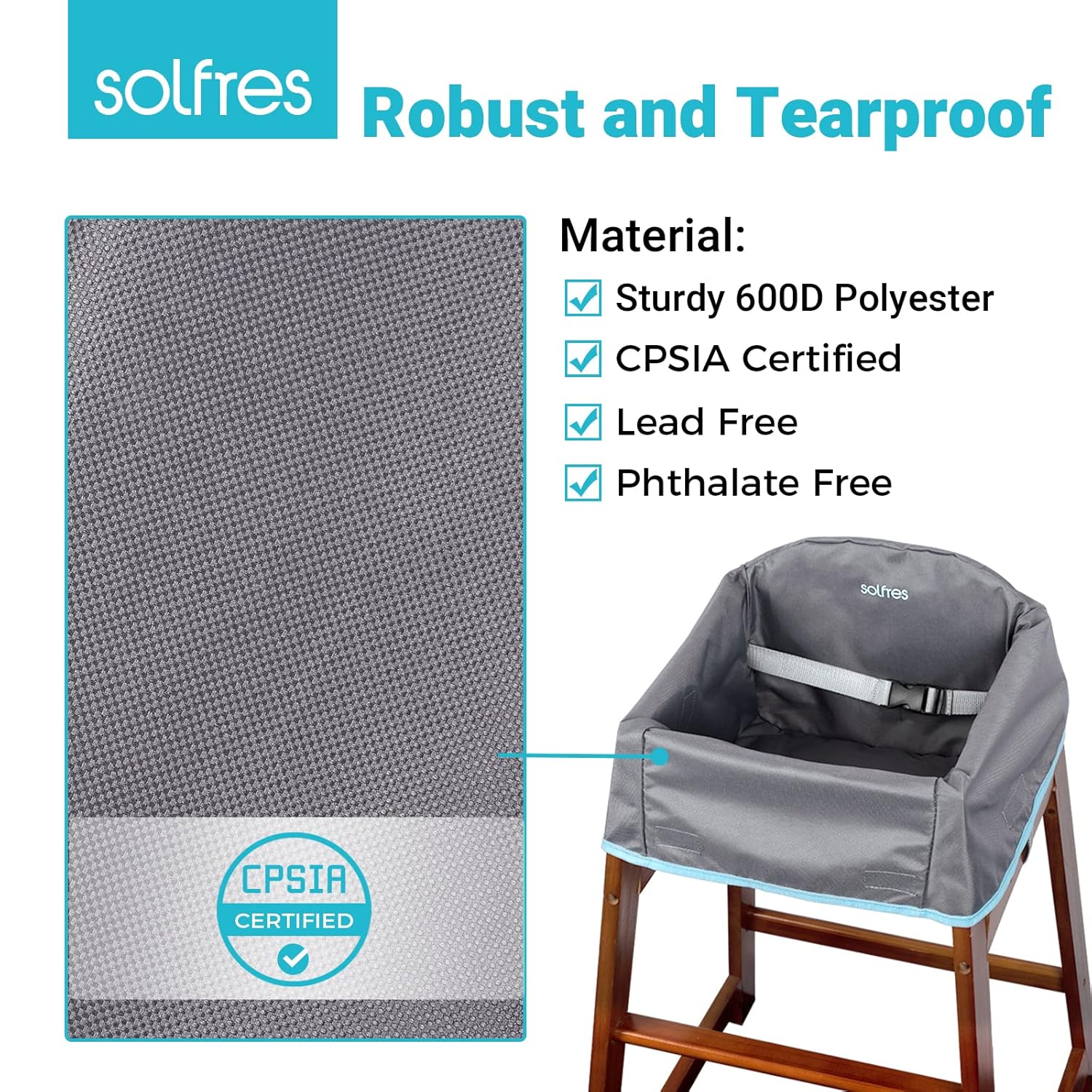 Dual-Belt Baby High Chair Cover, Upgrade Version, for Wooden or Restaurant High Chair, Sturdy and Robust Material, Waterproof Washable Stain and Slip Resistant, Gray - Image 4
