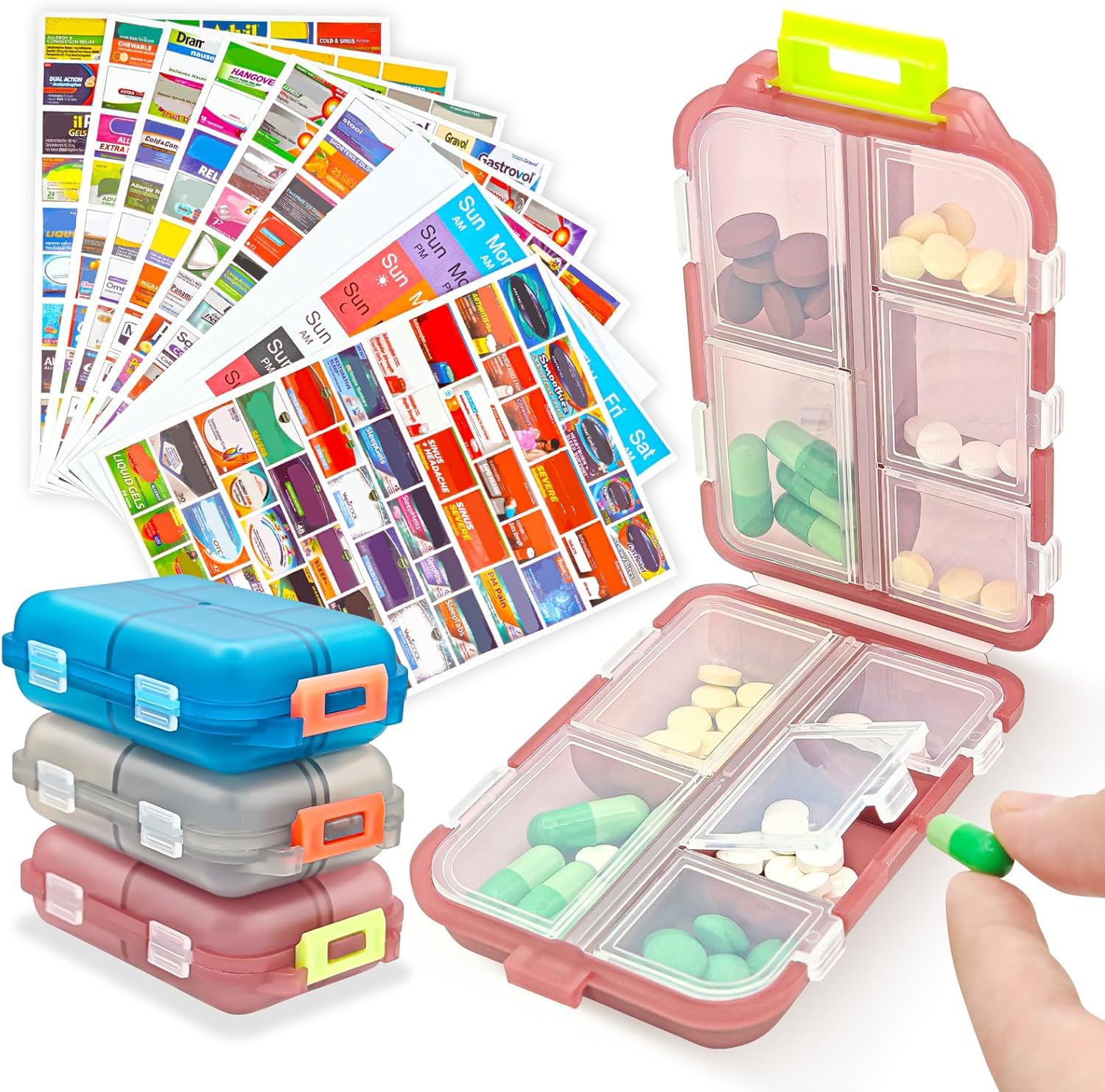 3Pcs Pill Organizer with Medicine Labels, 10 Compartments Travel Pill Box with Removable Labels, Portable Foldable Supplement Box Holder for Fish Oil Vitamin - Image 1