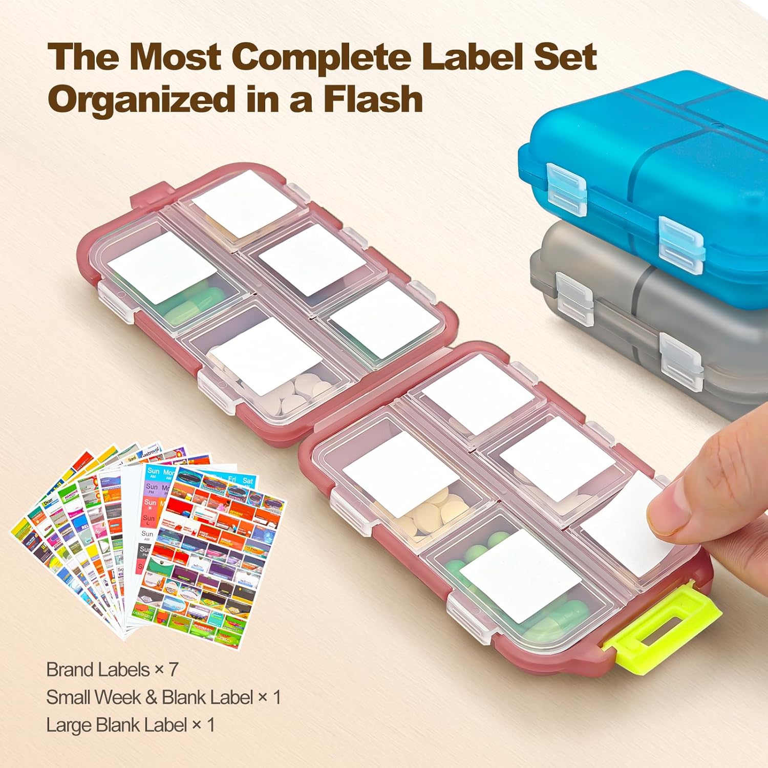 3Pcs Pill Organizer with Medicine Labels, 10 Compartments Travel Pill Box with Removable Labels, Portable Foldable Supplement Box Holder for Fish Oil Vitamin - Image 4