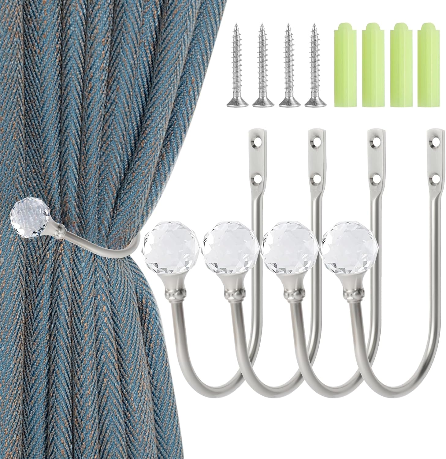 Curtain Holdbacks Silver Wall Mounted Curtain Holders Window Drapery Tiebacks with Clear Crystal Ball Quality Metal Curtain Tiebacks Curtain Hooks with Screws for Drapes, 4 Pcs - Image 1