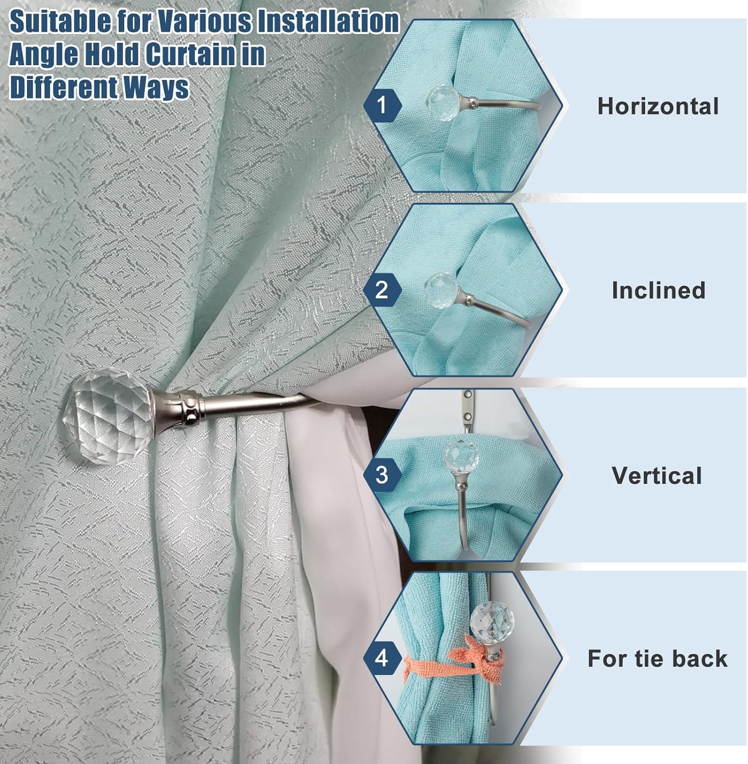 Curtain Holdbacks Silver Wall Mounted Curtain Holders Window Drapery Tiebacks with Clear Crystal Ball Quality Metal Curtain Tiebacks Curtain Hooks with Screws for Drapes, 4 Pcs - Image 2