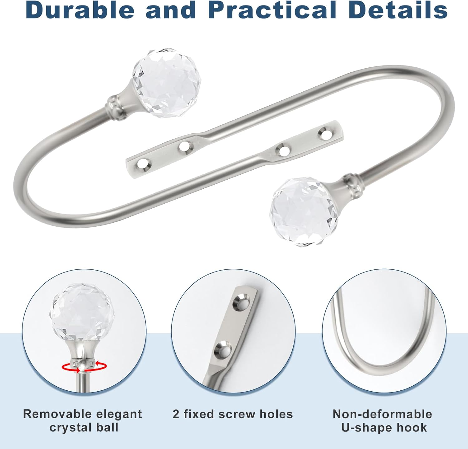 Curtain Holdbacks Silver Wall Mounted Curtain Holders Window Drapery Tiebacks with Clear Crystal Ball Quality Metal Curtain Tiebacks Curtain Hooks with Screws for Drapes, 4 Pcs - Image 3