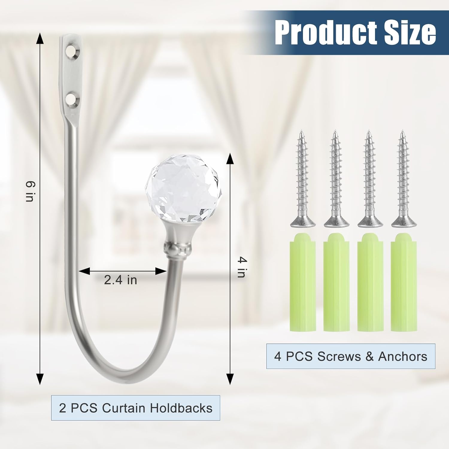Curtain Holdbacks Silver Wall Mounted Curtain Holders Window Drapery Tiebacks with Clear Crystal Ball Quality Metal Curtain Tiebacks Curtain Hooks with Screws for Drapes, 4 Pcs - Image 4