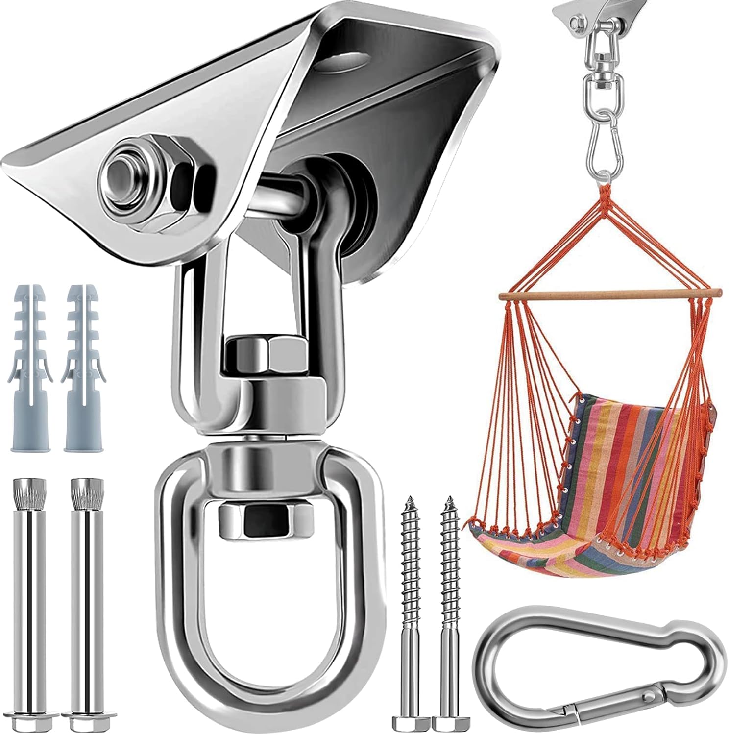 360 Rotating Hammock Hanging Kit - Heavy Duty Stainless Steel 1000 lb Loading Hammock Hooks for Trapeze, Yoga, Boxing Bag, Hammock Chair, Porch - Image 1