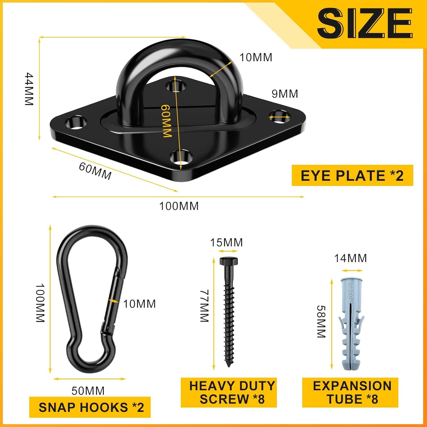 Heavy Duty Black Hammock Hooks Screws Bolts Included, Over 1700 lb Rust-Resistant Swing Hook Hardware, M10 Hanging Kit for Porch Yoga Seat Trapeze (Indoor/Outdoor) - Image 2
