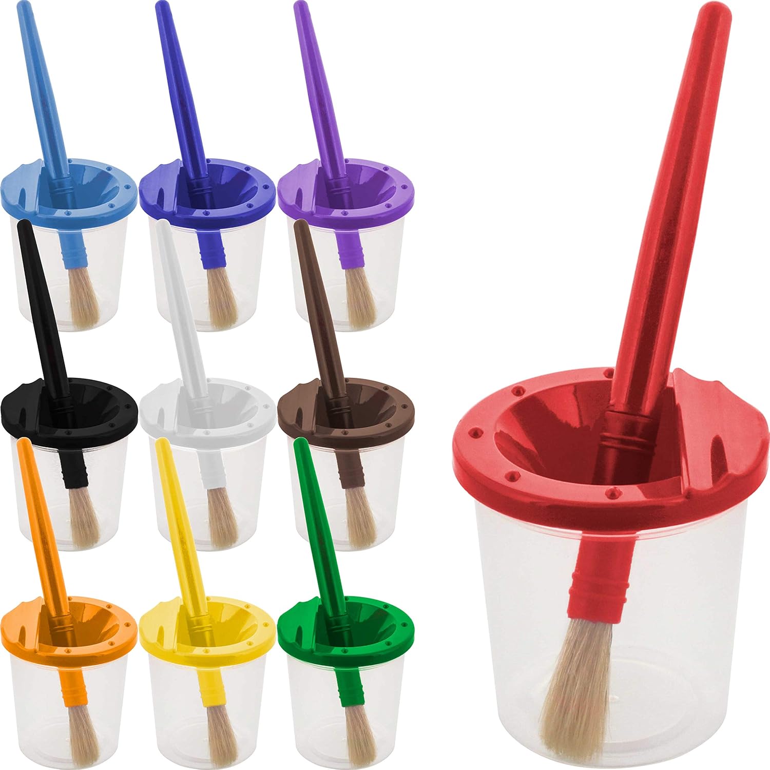 10 Piece Children's No Spill Paint Cups with Colored Lids and 10 Piece Large Round Brush Set with Plastic Handles - Image 1