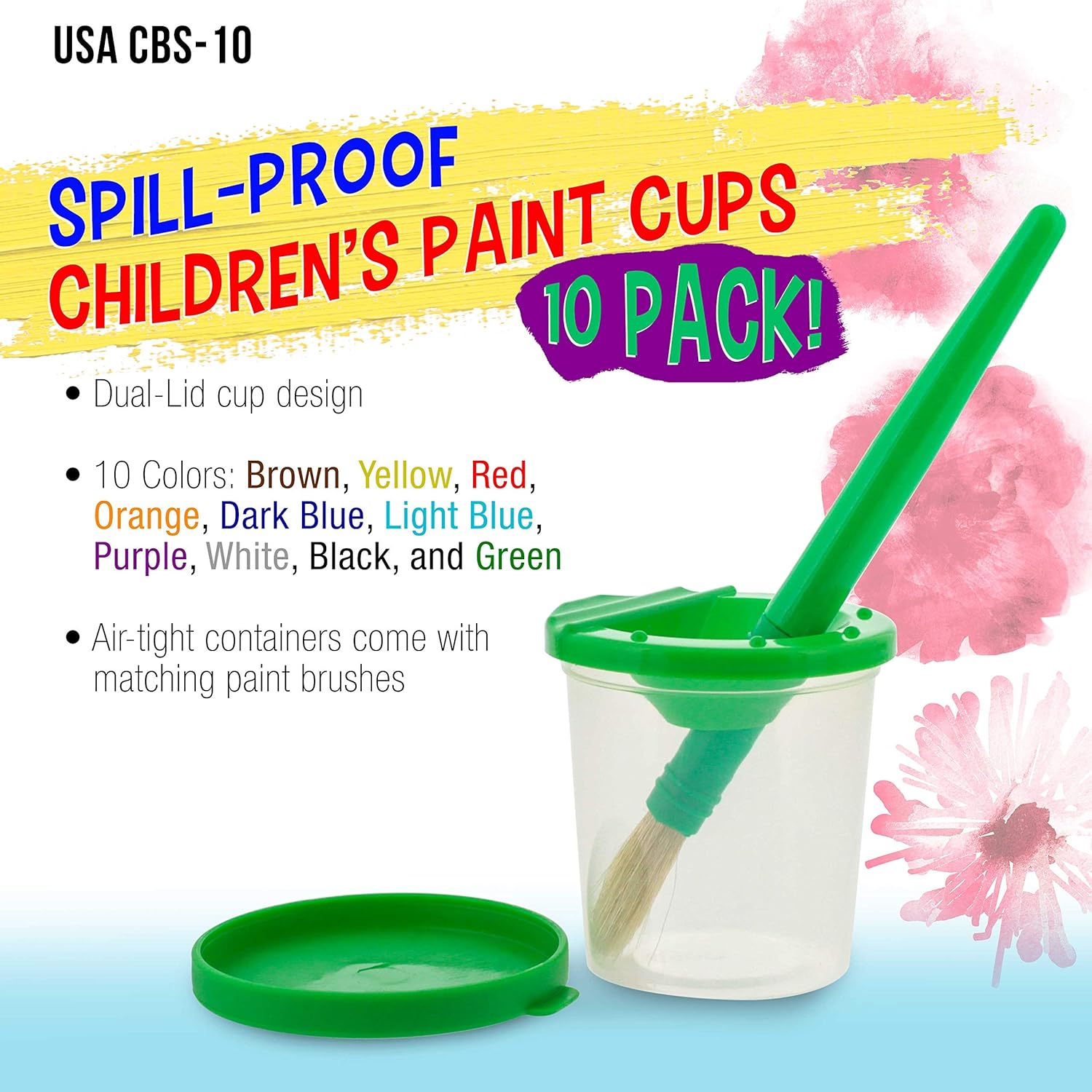 10 Piece Children's No Spill Paint Cups with Colored Lids and 10 Piece Large Round Brush Set with Plastic Handles - Image 2