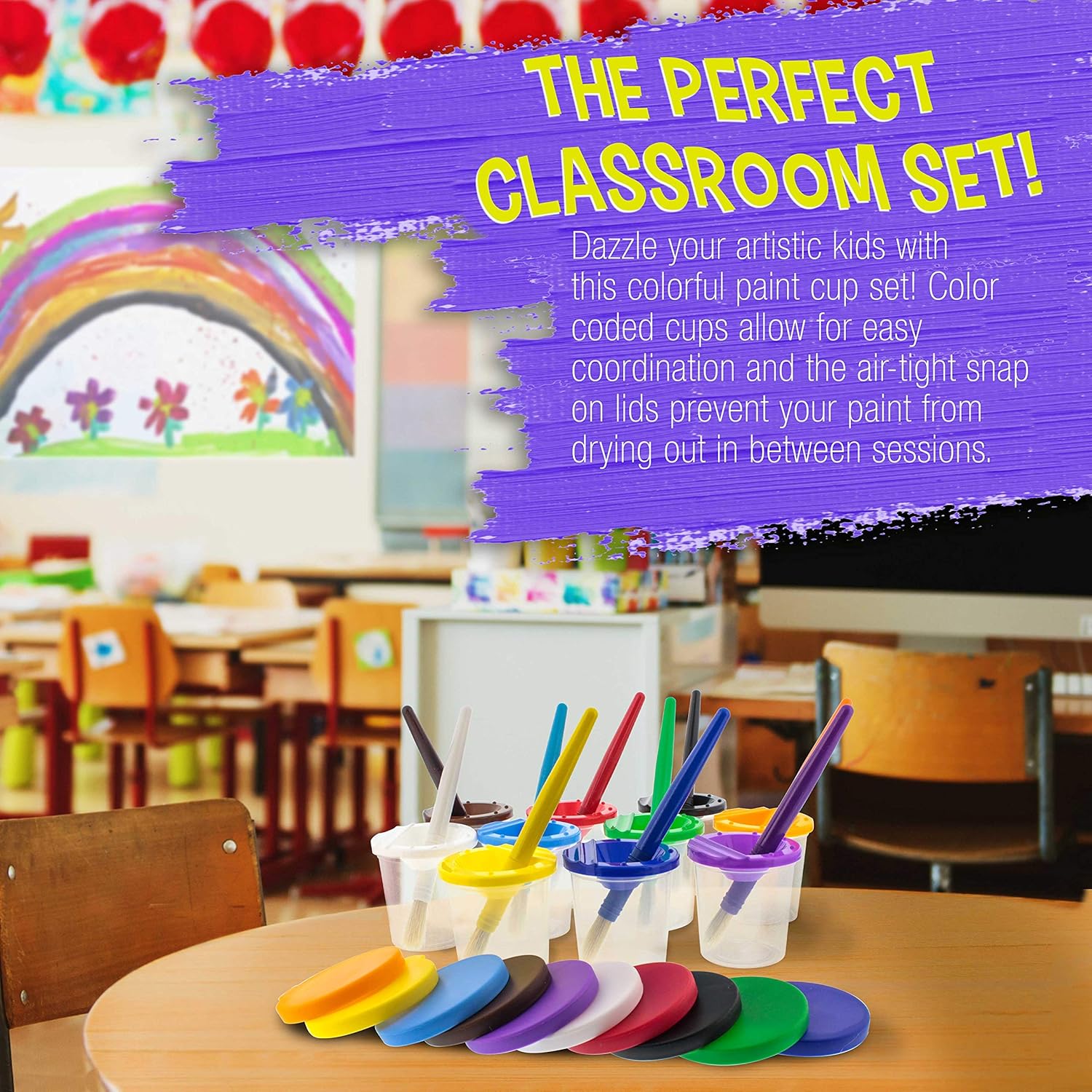 10 Piece Children's No Spill Paint Cups with Colored Lids and 10 Piece Large Round Brush Set with Plastic Handles - Image 4