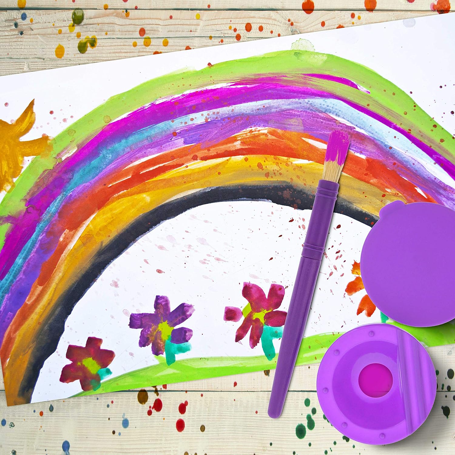 10 Piece Children's No Spill Paint Cups with Colored Lids and 10 Piece Large Round Brush Set with Plastic Handles - Image 5