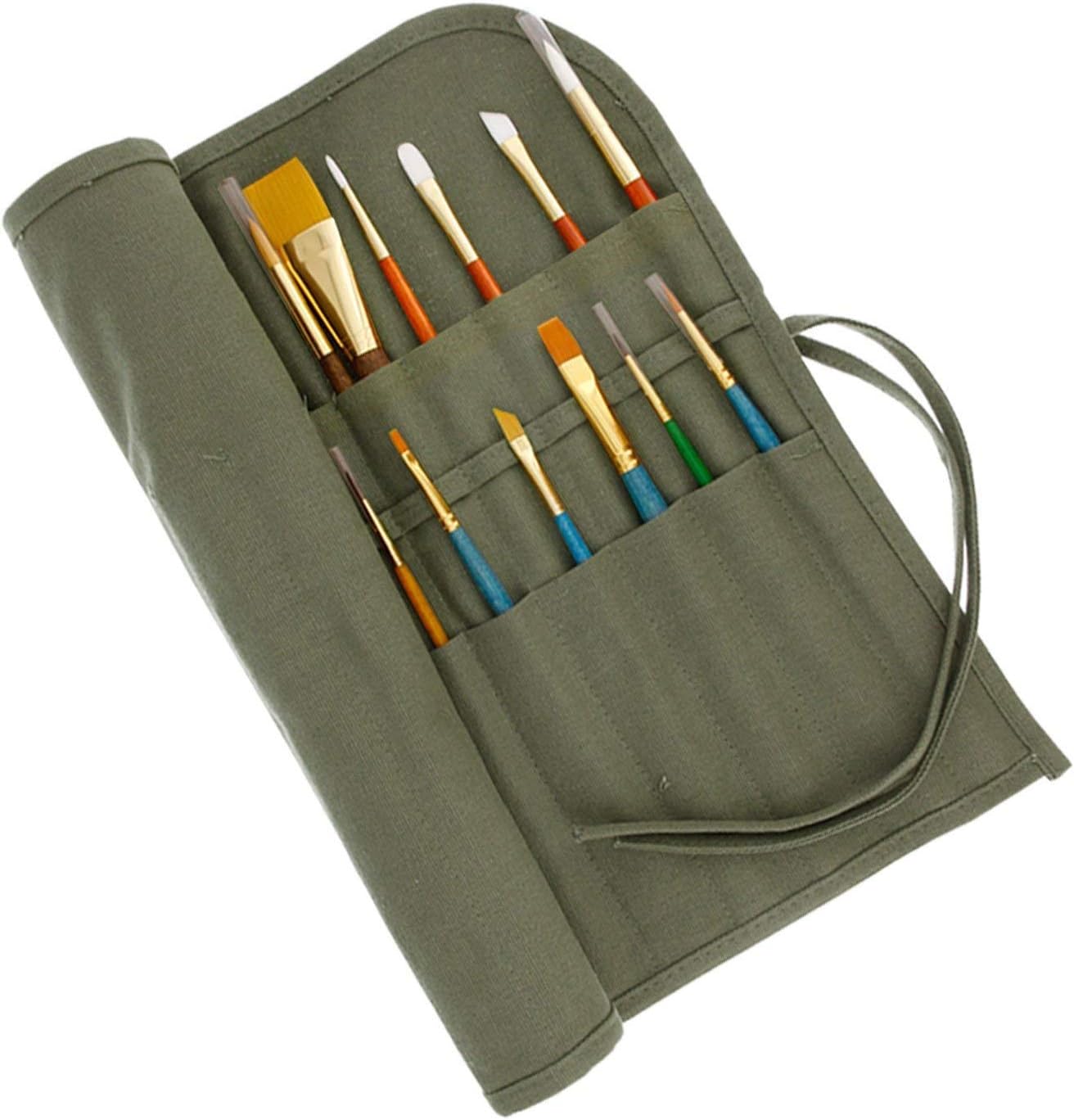 Deluxe Canvas Art Paint Brush Holder & Storage Organizer Roll-Up Case Bag - 24 Slot Pockets Carry Pouch - Protect Artist Acrylic Oil Watercolor Paintbrushes - Store Pencils, Pens Tools - Image 1