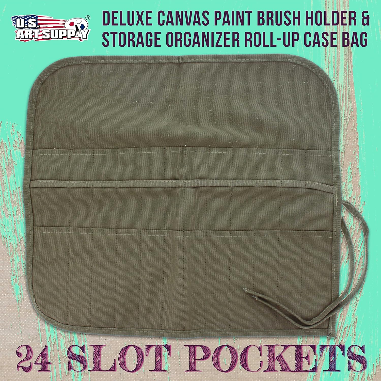 Deluxe Canvas Art Paint Brush Holder & Storage Organizer Roll-Up Case Bag - 24 Slot Pockets Carry Pouch - Protect Artist Acrylic Oil Watercolor Paintbrushes - Store Pencils, Pens Tools - Image 2