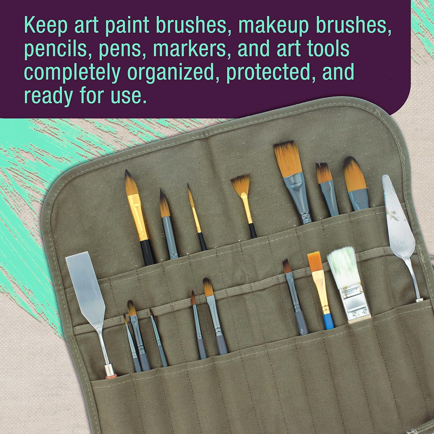 Deluxe Canvas Art Paint Brush Holder & Storage Organizer Roll-Up Case Bag - 24 Slot Pockets Carry Pouch - Protect Artist Acrylic Oil Watercolor Paintbrushes - Store Pencils, Pens Tools - Image 3