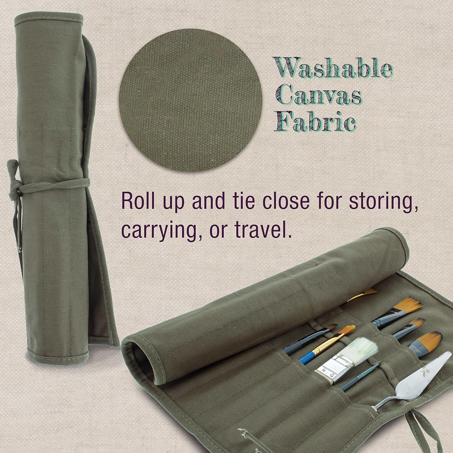Deluxe Canvas Art Paint Brush Holder & Storage Organizer Roll-Up Case Bag - 24 Slot Pockets Carry Pouch - Protect Artist Acrylic Oil Watercolor Paintbrushes - Store Pencils, Pens Tools - Image 5