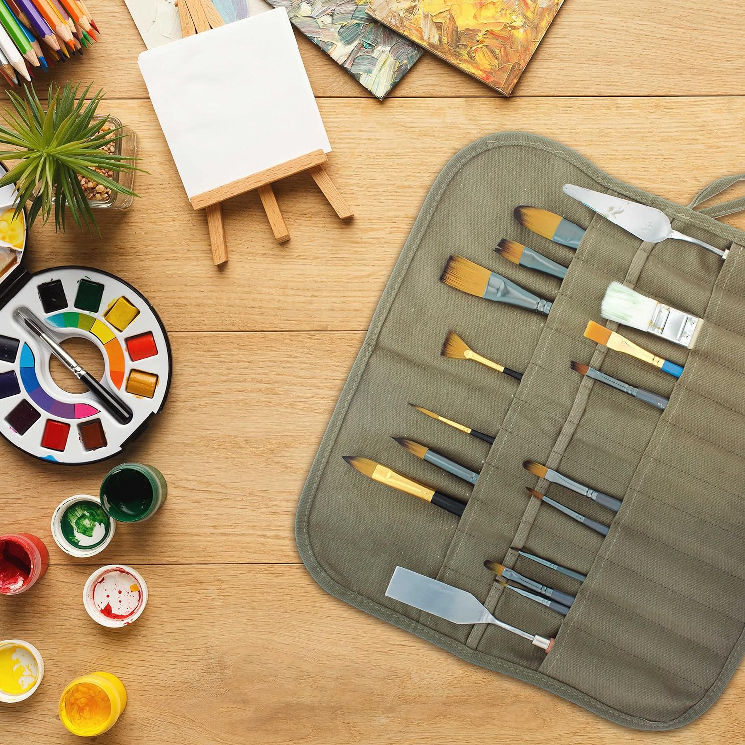 Deluxe Canvas Art Paint Brush Holder & Storage Organizer Roll-Up Case Bag - 24 Slot Pockets Carry Pouch - Protect Artist Acrylic Oil Watercolor Paintbrushes - Store Pencils, Pens Tools - Image 6