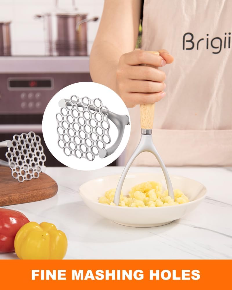 Potato Masher with Wooden Handle, Manual Potato Press for Kitchen Tool, Aluminum Alloy Potato Ricer For Fluffy Mashed Potato - Image 2