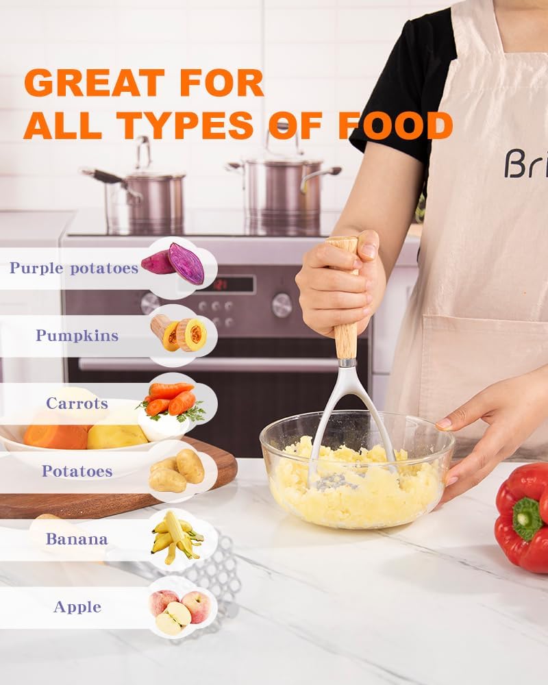 Potato Masher with Wooden Handle, Manual Potato Press for Kitchen Tool, Aluminum Alloy Potato Ricer For Fluffy Mashed Potato - Image 3