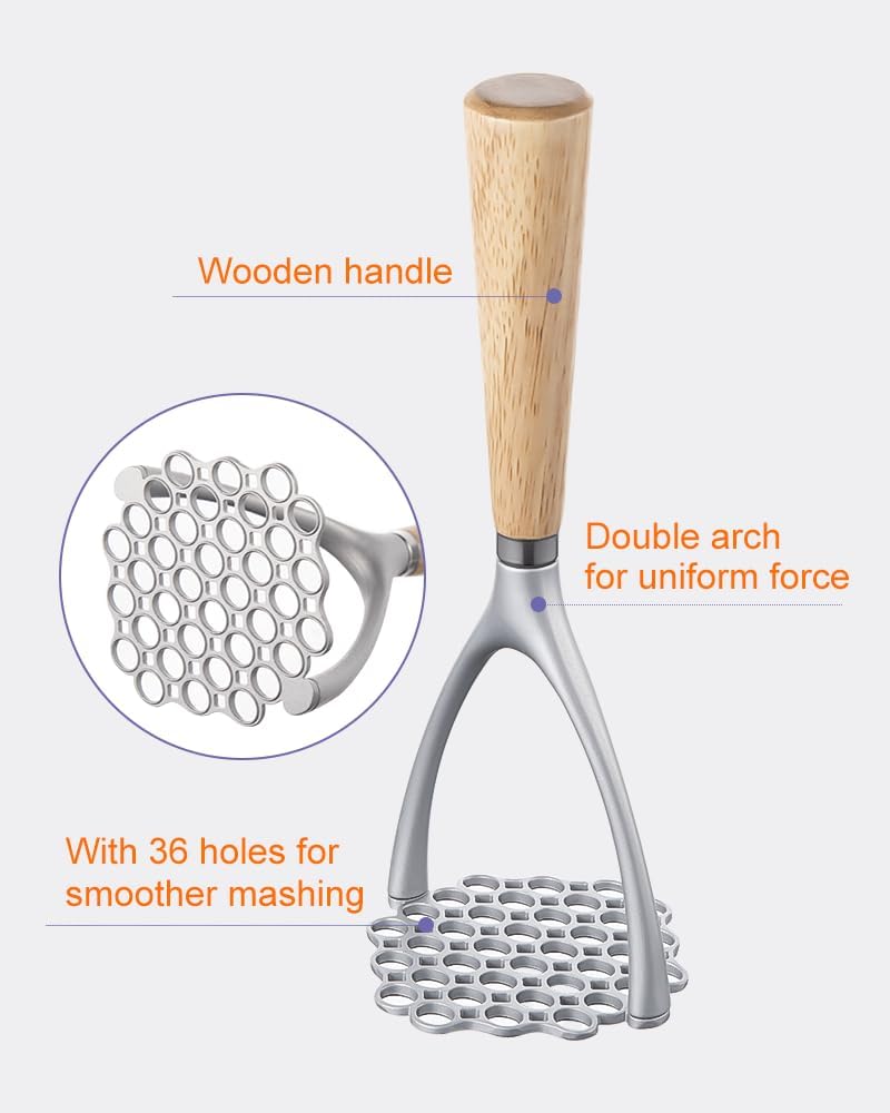 Potato Masher with Wooden Handle, Manual Potato Press for Kitchen Tool, Aluminum Alloy Potato Ricer For Fluffy Mashed Potato - Image 4