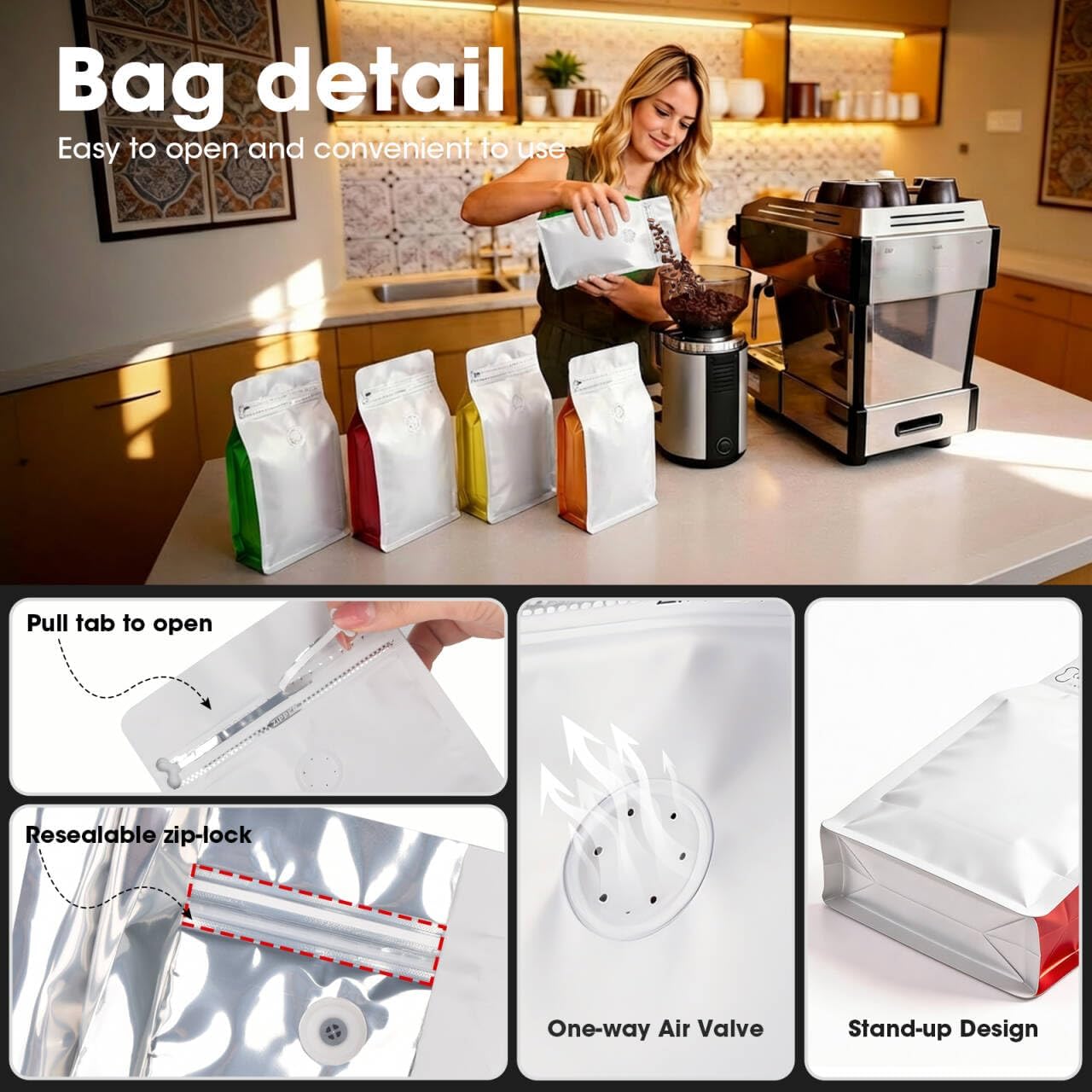 Coffee Bags with Valve(60pcs,16 oz,1 lb) Vented Coffee Beans Packaging Bags High Barrier Aluminumed Foil Flat Bottom Heat Sealed Side Zipper Resealable Storage Bag for Home or Business（White+Black） - Image 3