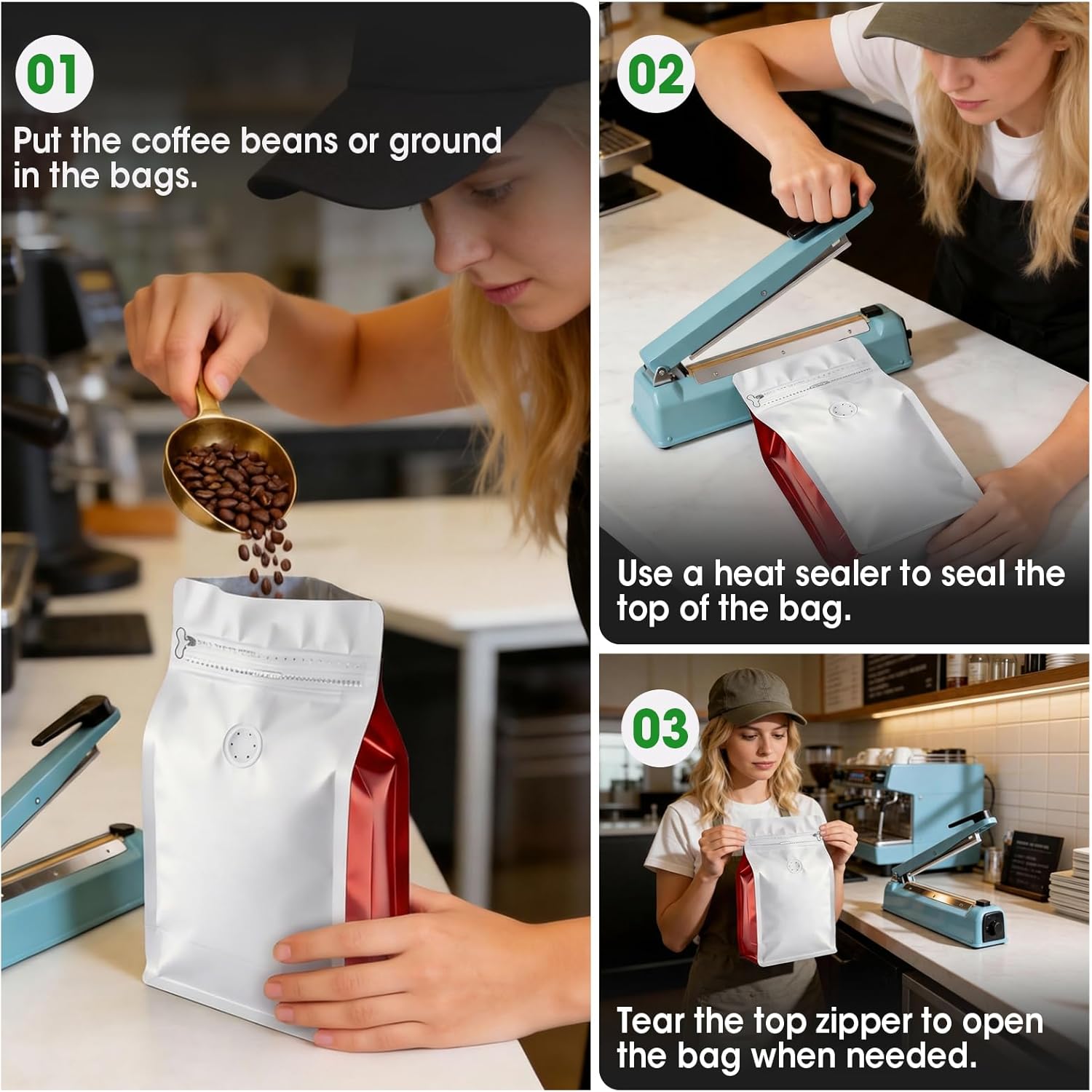 Coffee Bags with Valve(60pcs,16 oz,1 lb) Vented Coffee Beans Packaging Bags High Barrier Aluminumed Foil Flat Bottom Heat Sealed Side Zipper Resealable Storage Bag for Home or Business（White+Black） - Image 4