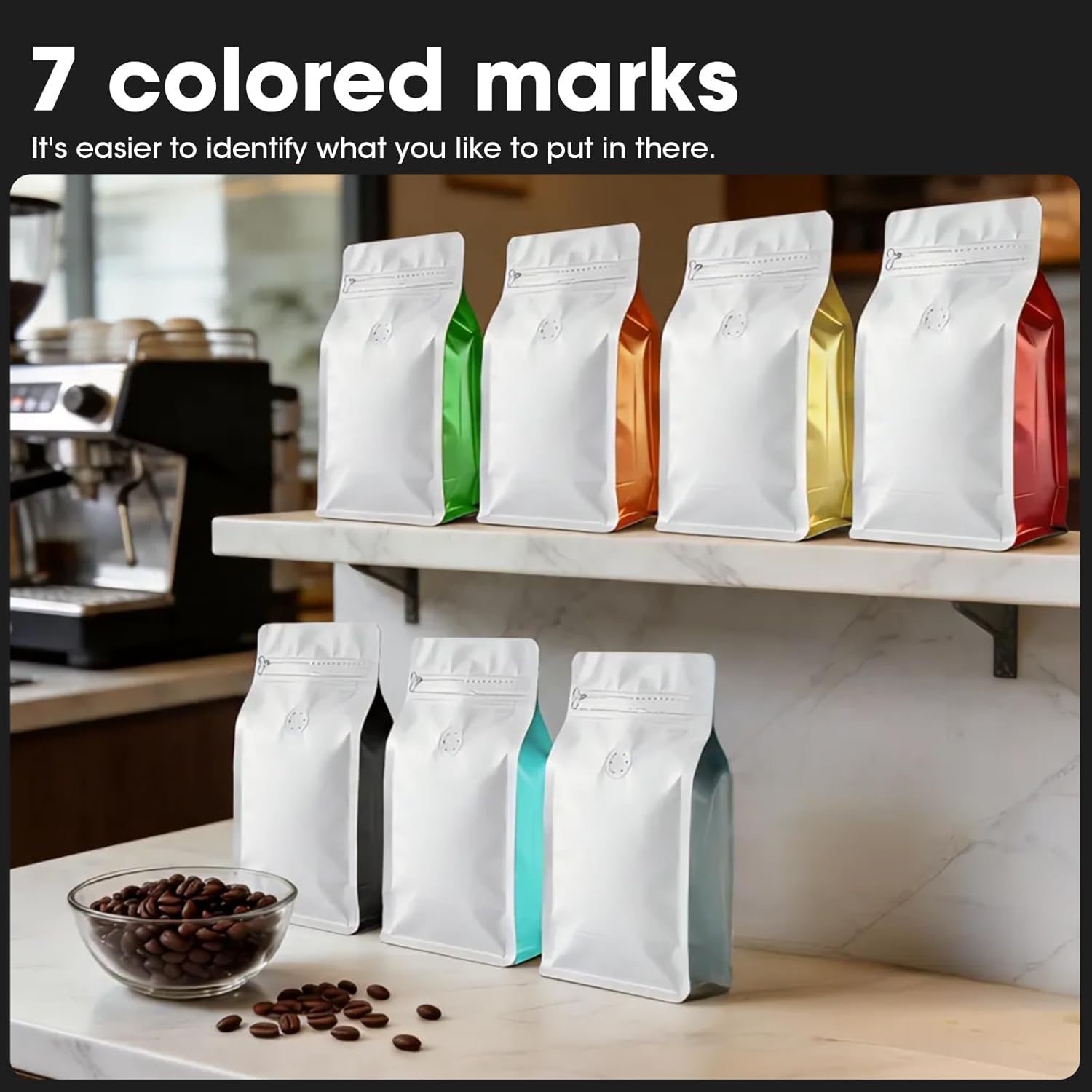 Coffee Bags with Valve(60pcs,16 oz,1 lb) Vented Coffee Beans Packaging Bags High Barrier Aluminumed Foil Flat Bottom Heat Sealed Side Zipper Resealable Storage Bag for Home or Business（White+Black） - Image 5