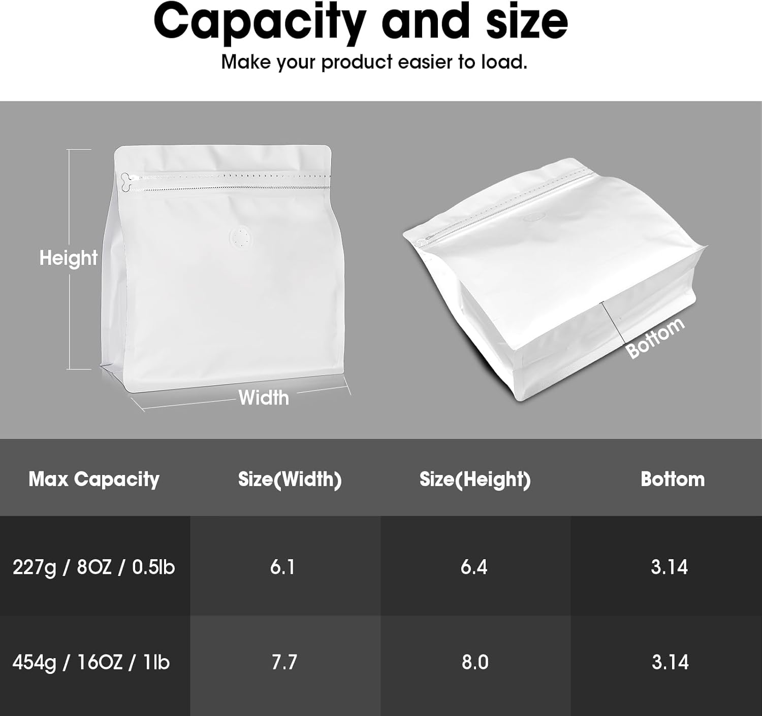 50 Count 8oz Coffee Bags with Valve,1/2 lb Vented Coffee Beans Packaging Bags High Barrier Aluminumed Foil Flat Bottom Heat Sealed Side Zipper Resealable Storage Bag for Home or Business（White） - Image 2