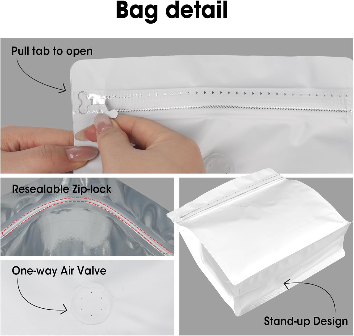 50 Count 8oz Coffee Bags with Valve,1/2 lb Vented Coffee Beans Packaging Bags High Barrier Aluminumed Foil Flat Bottom Heat Sealed Side Zipper Resealable Storage Bag for Home or Business（White） - Image 4
