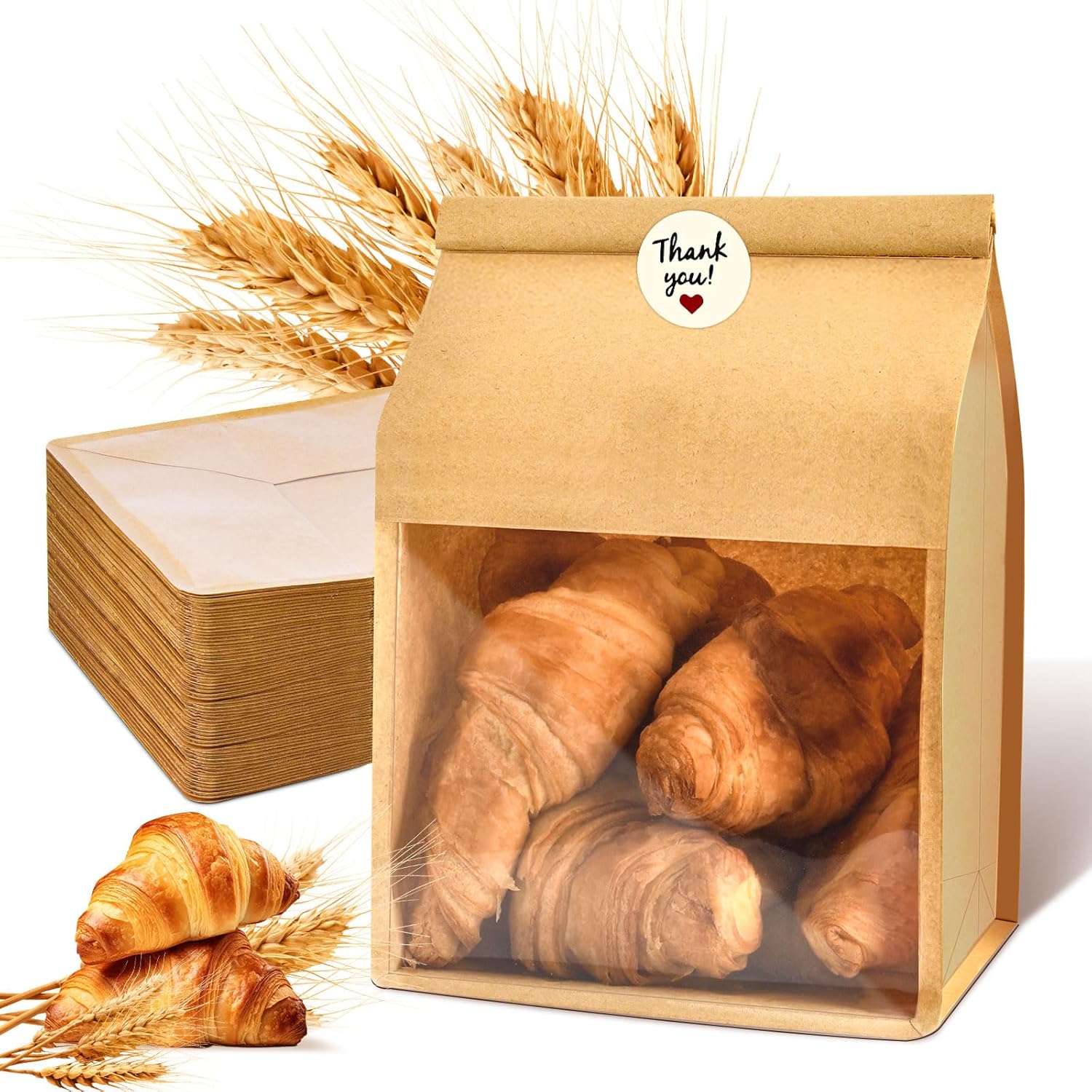 60pcs Kraft Bakery Bags with Thank You Stickers,10.5x6.2x4.7 Inches Sourdough Bread Bags with Tin Tie Tab Lock Smoother Bags with Clear Window for Homemade Bread, Baked Food Packaging Storage - Image 1