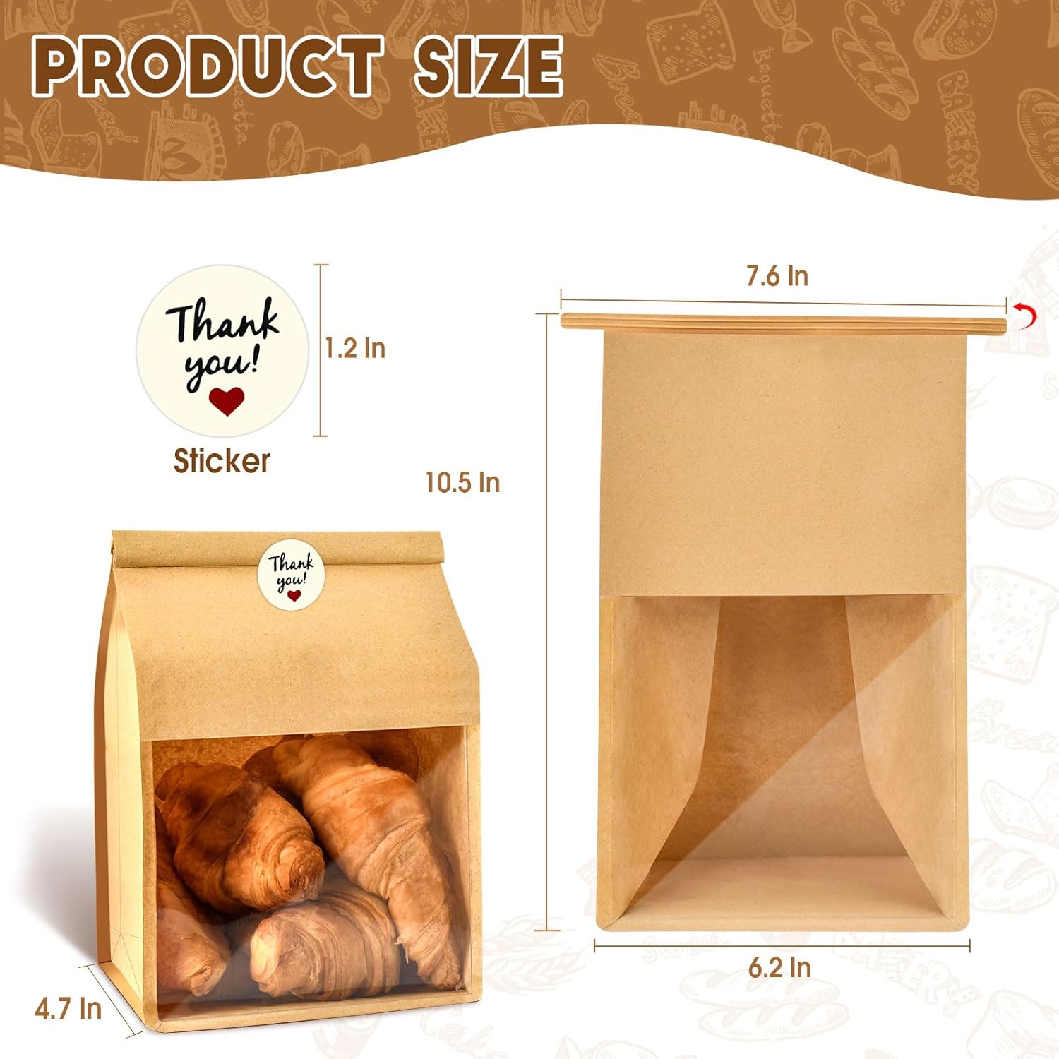 60pcs Kraft Bakery Bags with Thank You Stickers,10.5x6.2x4.7 Inches Sourdough Bread Bags with Tin Tie Tab Lock Smoother Bags with Clear Window for Homemade Bread, Baked Food Packaging Storage - Image 2