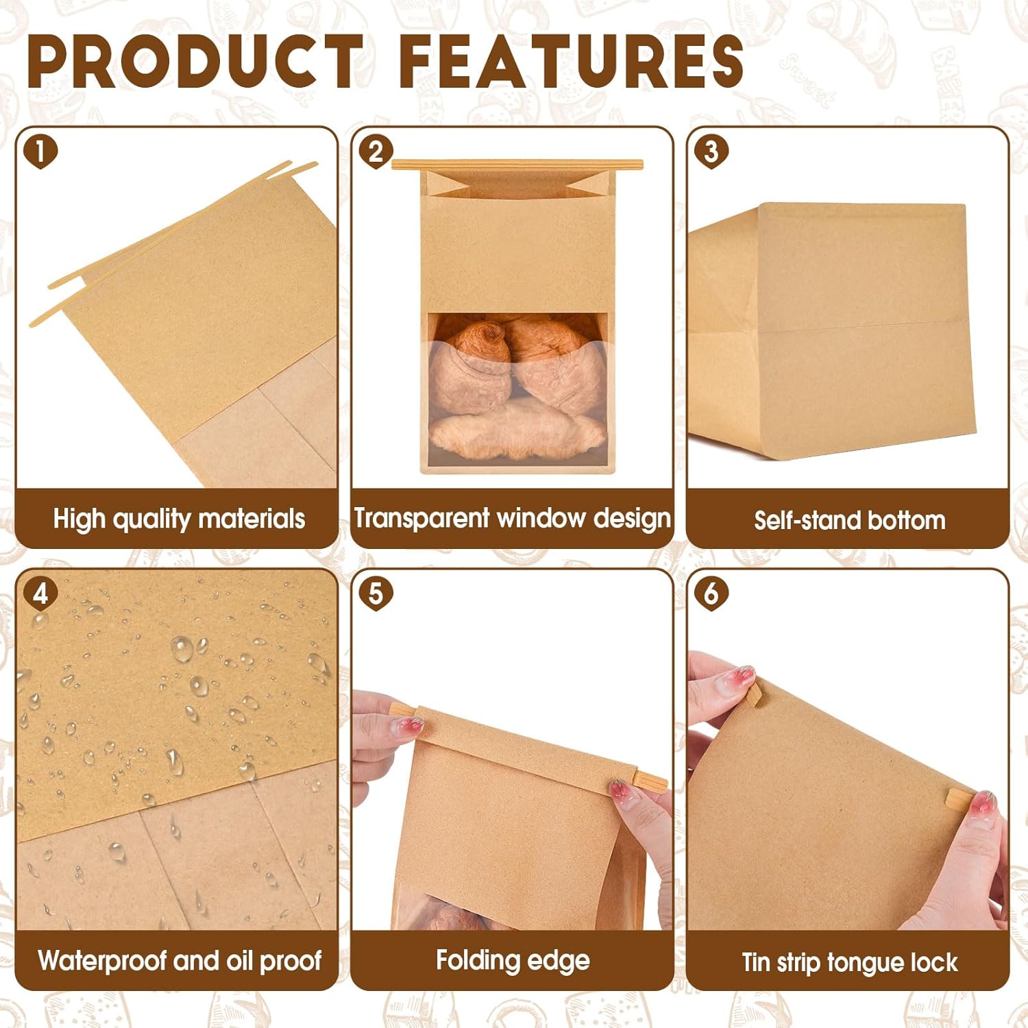 60pcs Kraft Bakery Bags with Thank You Stickers,10.5x6.2x4.7 Inches Sourdough Bread Bags with Tin Tie Tab Lock Smoother Bags with Clear Window for Homemade Bread, Baked Food Packaging Storage - Image 3