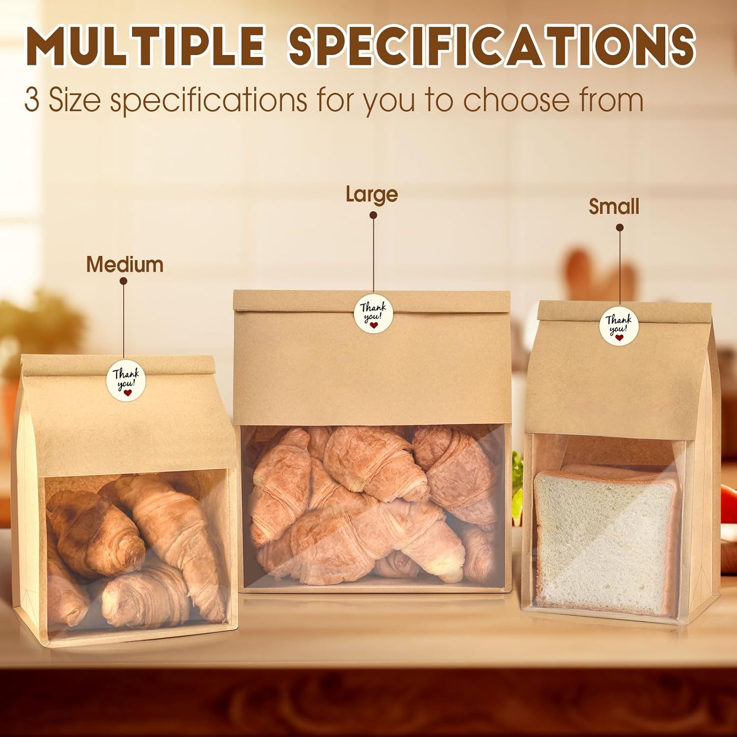 60pcs Kraft Bakery Bags with Thank You Stickers,10.5x6.2x4.7 Inches Sourdough Bread Bags with Tin Tie Tab Lock Smoother Bags with Clear Window for Homemade Bread, Baked Food Packaging Storage - Image 5