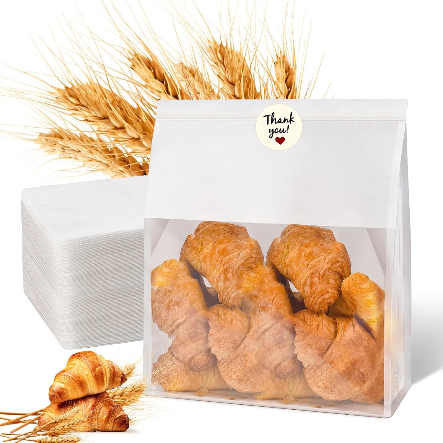 60pcs Bakery Bags with Thank You Stickers,11x8.6x4 inches Sourdough Bread Bags with Tin Tie Tab Lock Smoother Paper Bakery Bags with Clear Window for Homemade Bread, Baked Food Packaging Storage - Image 1