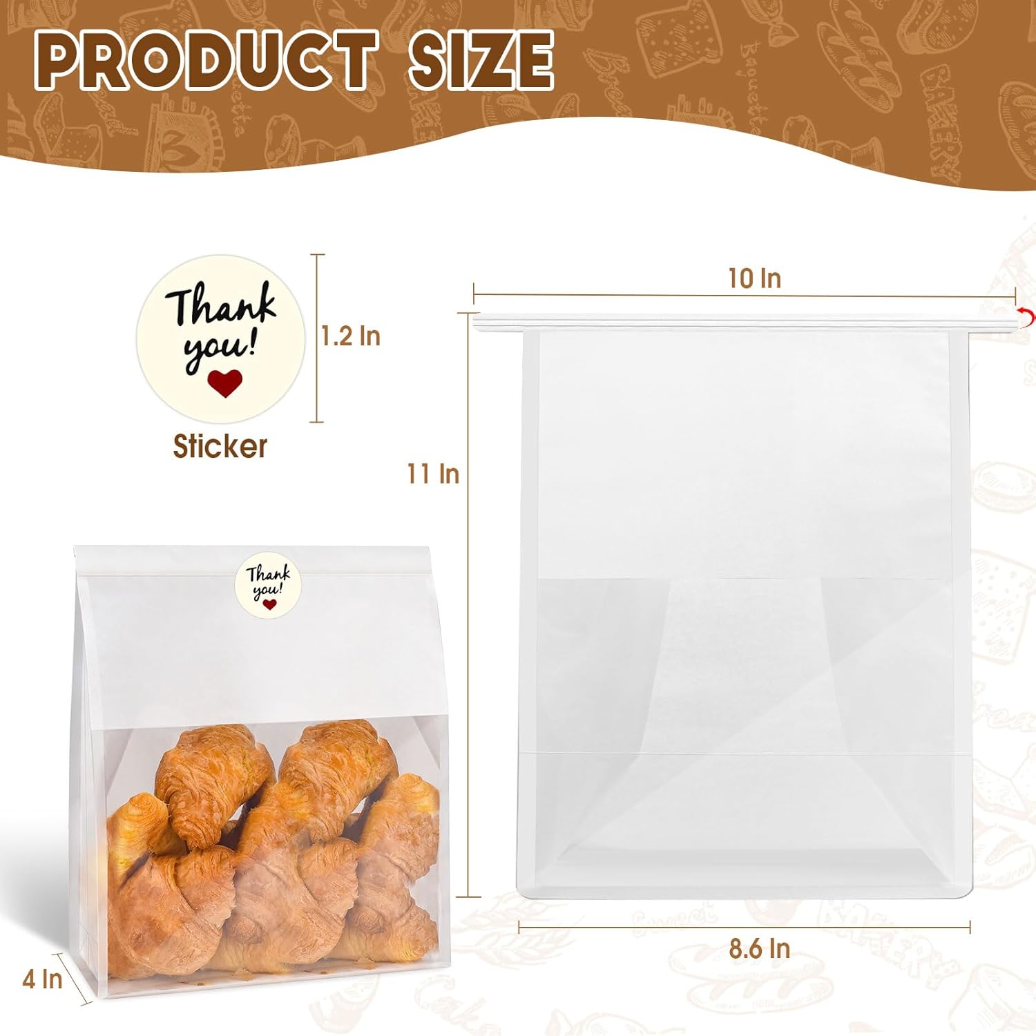60pcs Bakery Bags with Thank You Stickers,11x8.6x4 inches Sourdough Bread Bags with Tin Tie Tab Lock Smoother Paper Bakery Bags with Clear Window for Homemade Bread, Baked Food Packaging Storage - Image 2