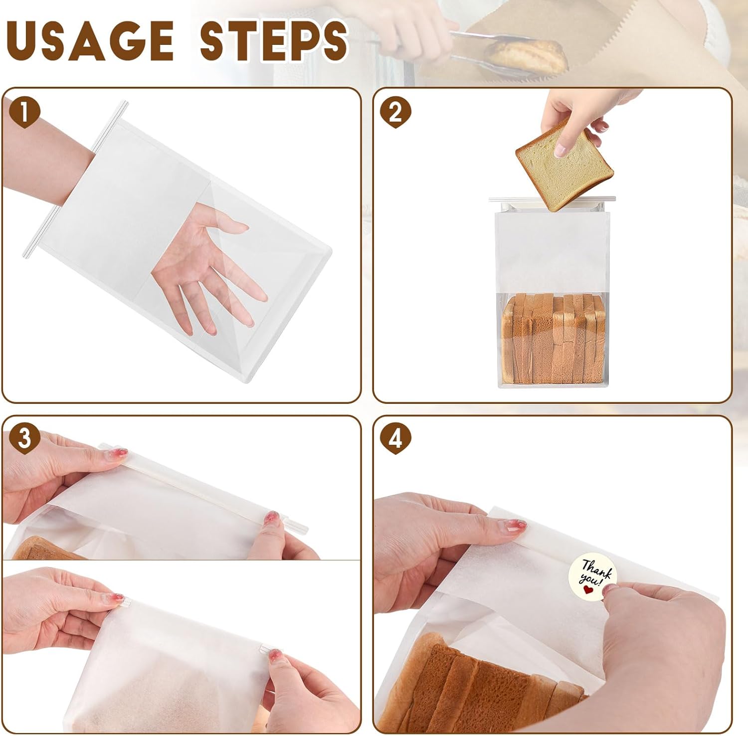 60pcs Bakery Bags with Thank You Stickers,11x8.6x4 inches Sourdough Bread Bags with Tin Tie Tab Lock Smoother Paper Bakery Bags with Clear Window for Homemade Bread, Baked Food Packaging Storage - Image 4
